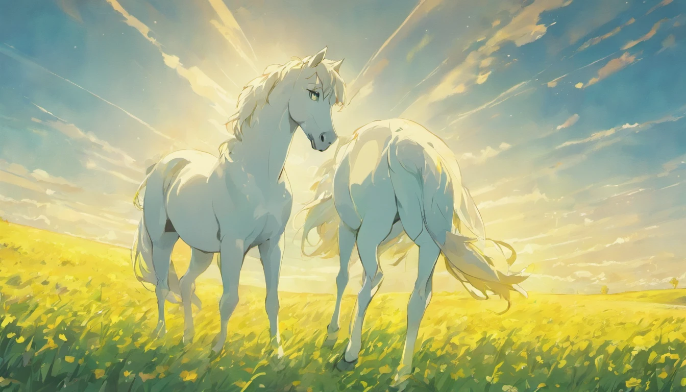 white horse in sunny field