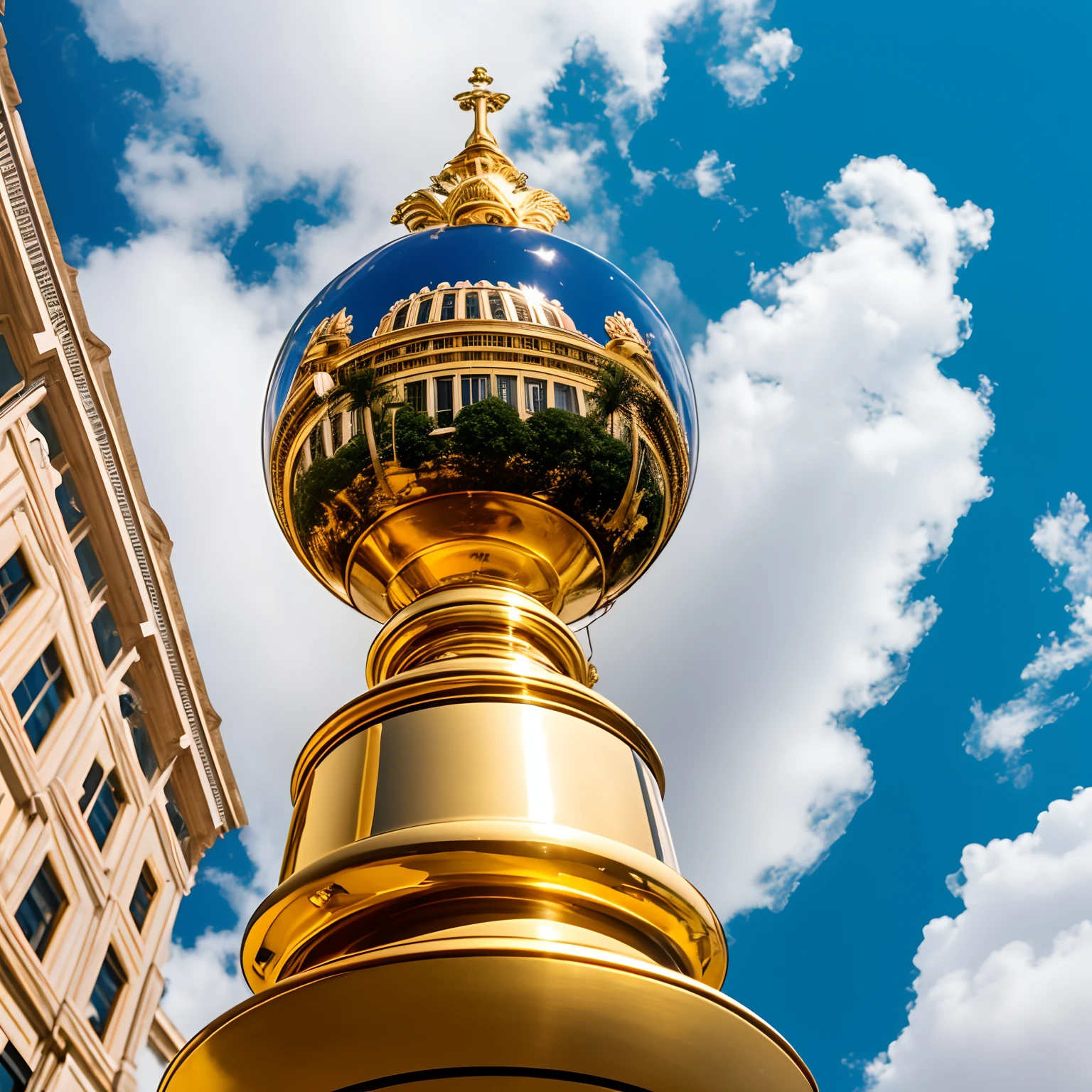 Photo of a fisheye lens a golden trophy on top of the building