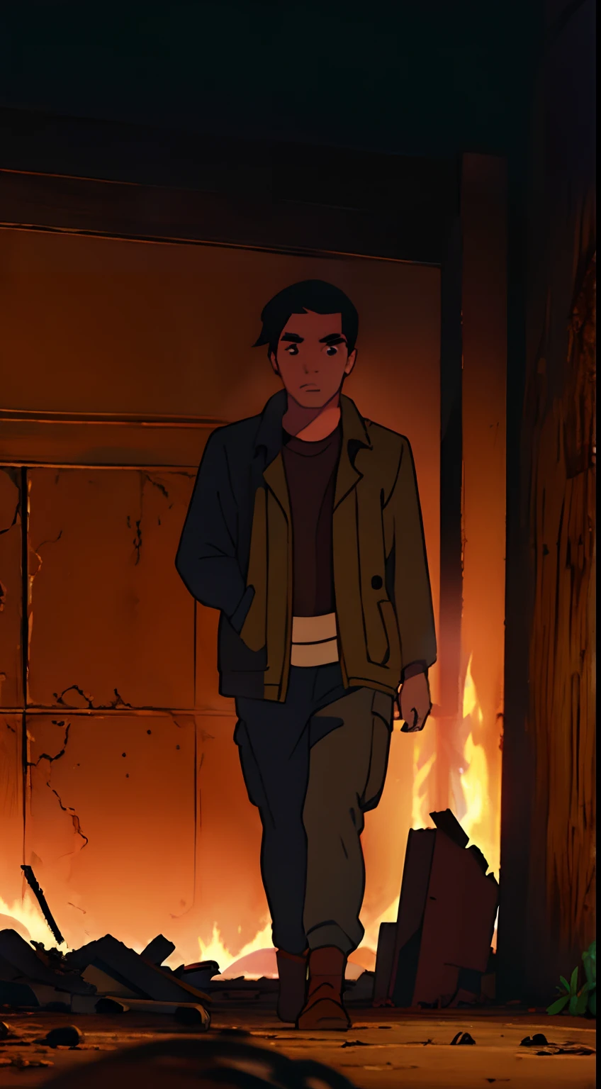 Young man on his back in apocalyptic scenario walking , destruction
