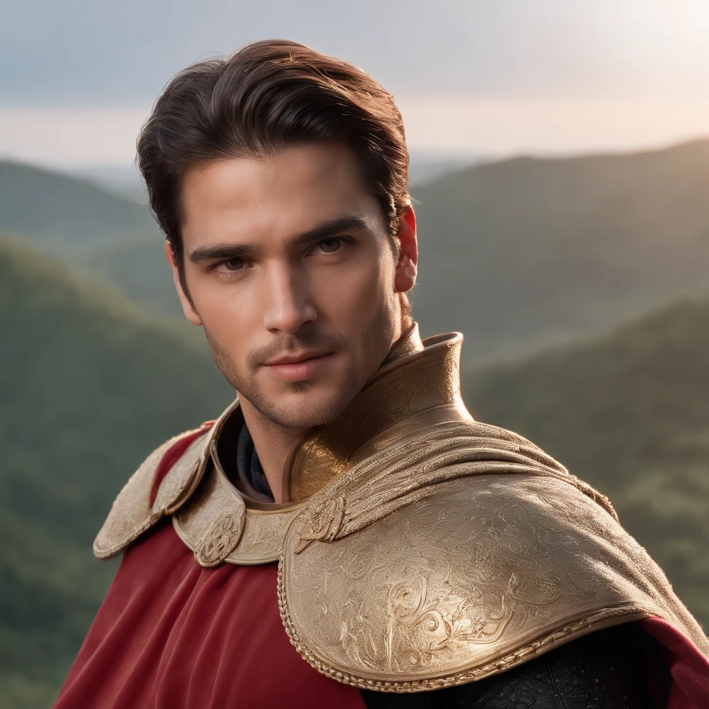 Professional 3D rendering, realista;1.3 ,soft features, corpo inteiro ,Rei com barba grande ,com coroa de ouro, segurando uma espada larga, bravamente, with magnificent armor with a red cape,olhos azuis bem detalhados, Sunset background, com ventos soprando em seus cabelos e capa,rosto detalhado, fotografia realista.