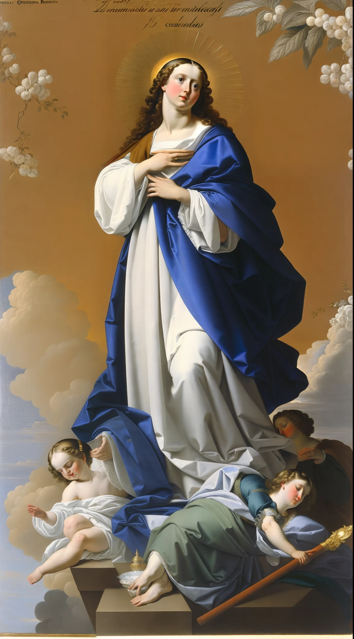 uma pintura de uma mulher com anjos e pombas em um vestido azul, Virgem Maria, majestosa mulher de santo, queen of heaven, mary in a sanctuary, imaculado, Directed by: Guido Reni, Retrato da Virgem Maria, Directed by: Antônio de la Gandara, by Francisco de Holanda, inspirado em Guido Reni, Directed by: Jan van de Cappelle, catholic religious art, (Foto RAW, real, melhor qualidade, obra-prima: 1.2), (Hiper realista, realista: 1.2), alta qualidade, (dark ilumination: 1.2), perfect lighting, 4k