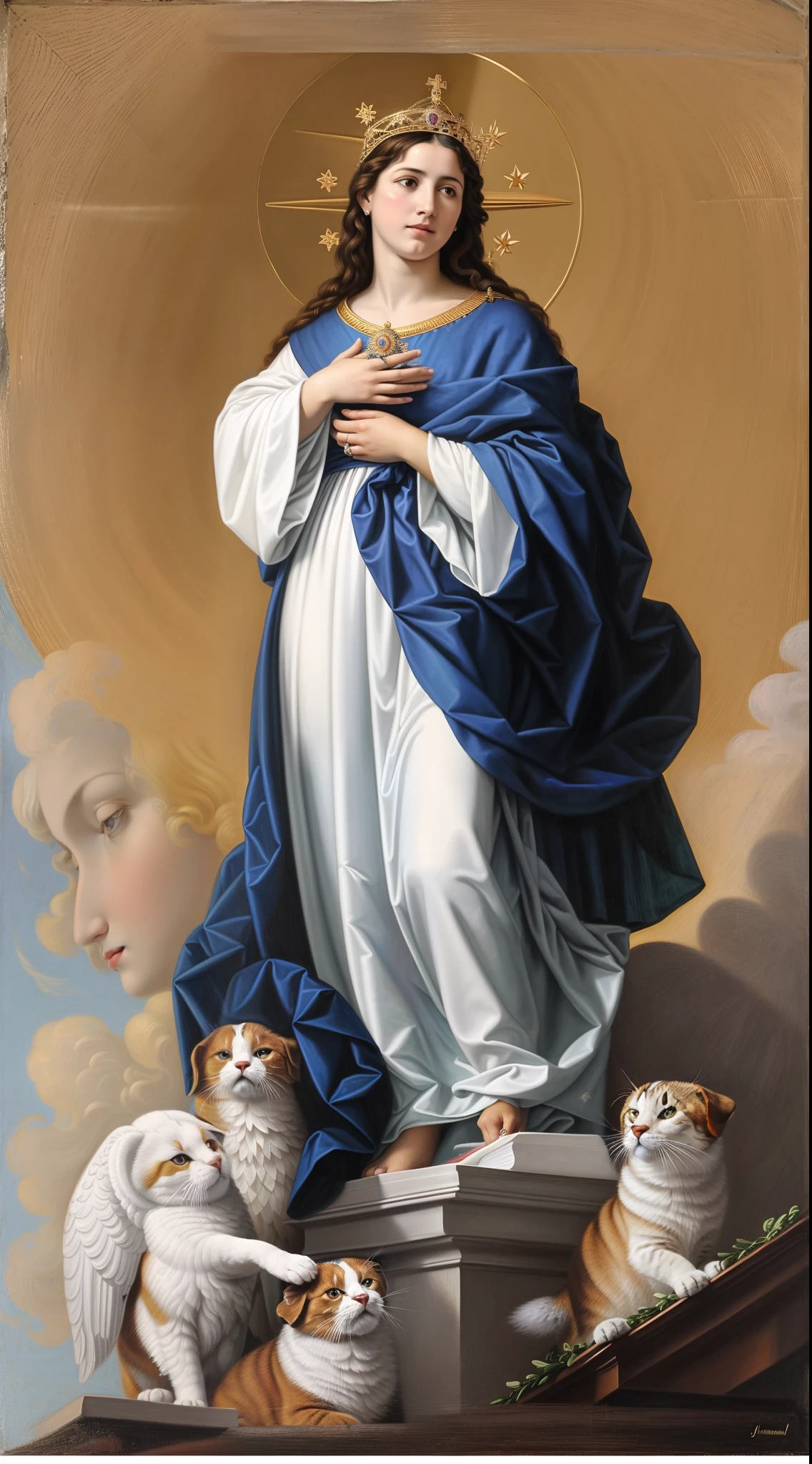uma pintura de uma mulher com anjos e pombas em um vestido azul, Virgem Maria, majestosa mulher de santo, queen of heaven, mary in a sanctuary, imaculado, Directed by: Guido Reni, Retrato da Virgem Maria, Directed by: Antonio de la Gandara, by Francisco de Holanda, inspirado em Guido Reni, Directed by: Jan van de Cappelle, catholic religious art, (Foto RAW, real, melhor qualidade, obra-prima: 1.2), (Hiper realista, realista: 1.2), alta qualidade, (dark ilumination: 1.2), perfect  lighting, 4k