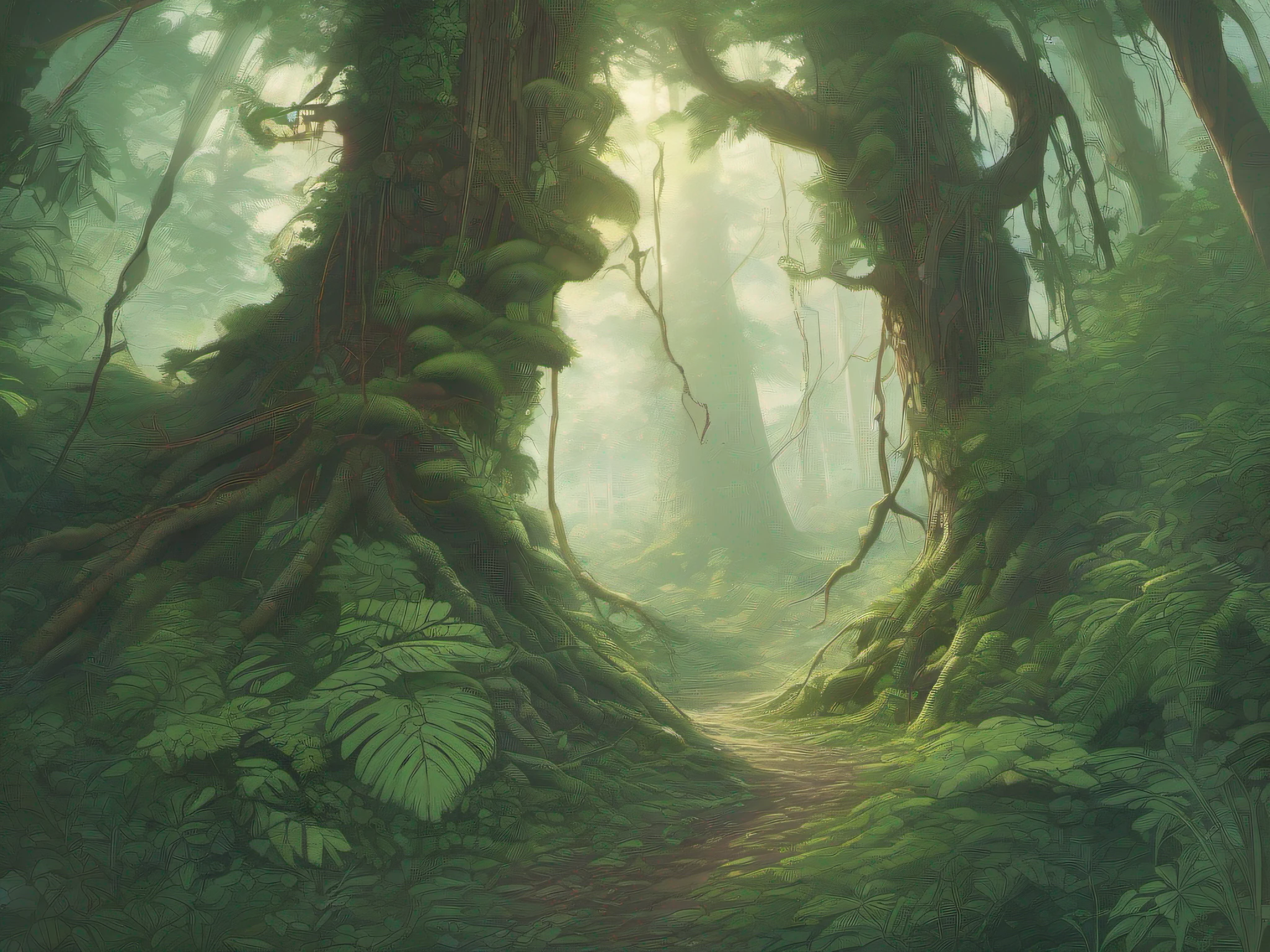 In the heart of an ancient, mist-shrouded forest, where the trees stretch towards the sky like gnarled fingers and the underbrush is alive with whispers, lies a jungle that has been the cradle of life for eons. The air is thick with the scent of exotic blooms and the distant thrum of insect wings beats like a pulse. Towering ferns and vines twist together in a tangle of green, their leaves glinting like emeralds in the dappled light filtering through the canopy above. Strange, glowing mushrooms dot the forest floor, casting an eerie light on the shadows that dance across the bark of the trees. In this mystical place, the very breath of life seems to pulse and stir, as if the jungle itself were the lungs of the world, inhaling and exhaling the essence of creation.