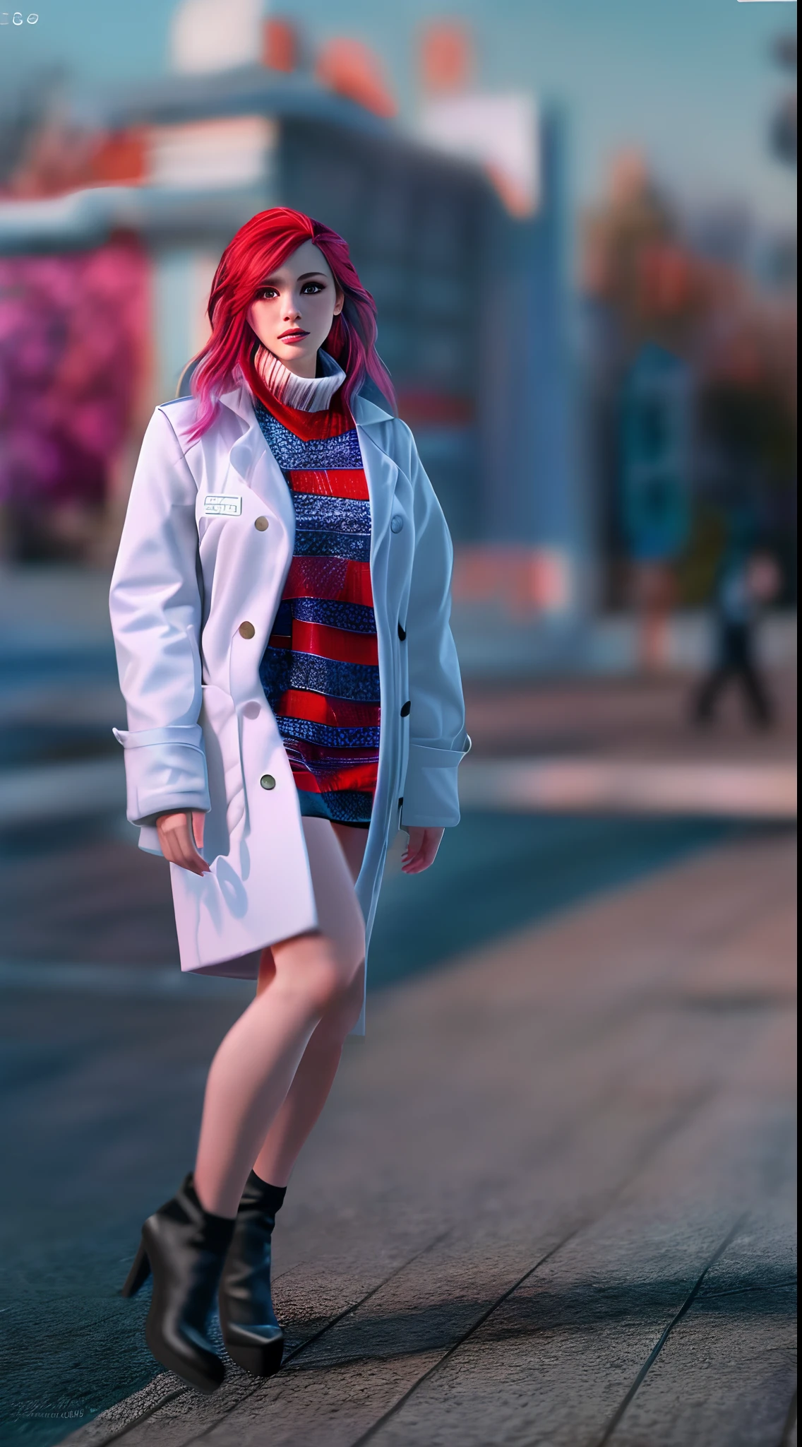 (Best quality,4K,8K,A high resolution,Masterpiece:1.2),Ultra-detailed,(Realistic,Photorealistic,photo-realistic:1.37),Long shot,Blue-haired girl, Hair falls on the left shoulder, Wears a white coat lined with red, blackminiskirt, Patterned stockings, High heels, Walking on the street, Reminiscent, concept-art, Blurred background, Soft lighting, vivd colour