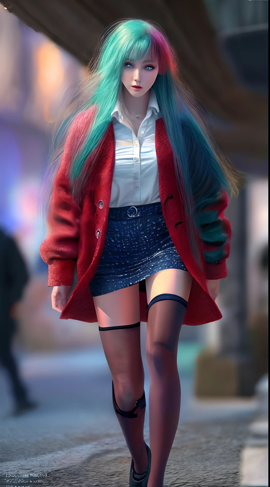 (Best quality,4K,8K,A high resolution,Masterpiece:1.2),Ultra-detailed,(Realistic,Photorealistic,photo-realistic:1.37),Long shot,Blue-haired girl, Hair falls on the left shoulder, Wears a white coat lined with red, blackminiskirt, Patterned stockings, High heels, Walking on the street, Reminiscent, concept-art, Blurred background, Soft lighting, vivd colour