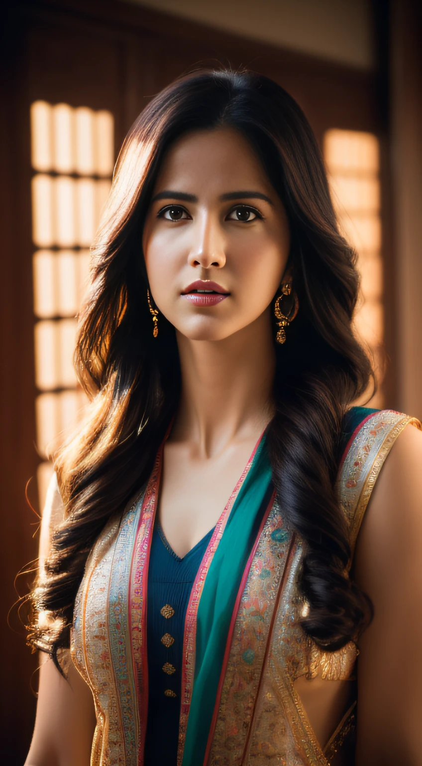 A beautiful woman ((Katrina kaif:1.2)), ((intricate Bold and Bright Florals Outfit)), sharp focus, Nikon Z 85mm, unparalleled masterpiece, ultra-realistic 8k photos, best quality, masterpiece, (photorealistic:1.2), (realistic:1.5), (hyperrealistic:1.2),(realistic human skin:1.6), (detailed clothes features), (High Quality: 1.2), Raw photo, (Perfect body shape), Uniform, Unobtrusive, Indian women, Asian women, Beautiful face, photorealistic, rim lighting, two-tone lighting, HDR, broad light, backlighting, bloom, light sparkles, chromatic aberration,