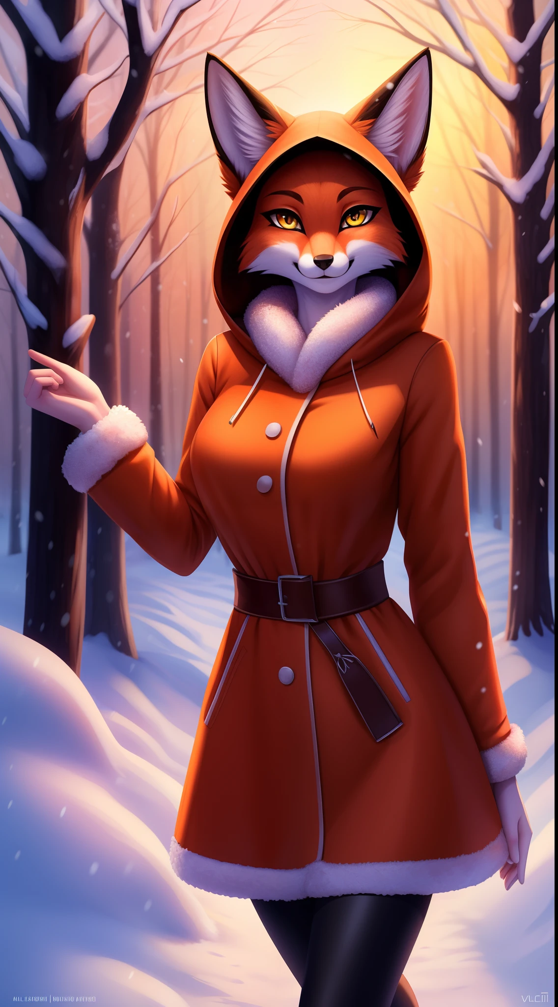 Alice, 独奏, 1girl, animal ears, Color: Red, Orange, female focus, 1 fox tail, Red tail of the best quality, exteriors, Orange skirt with fur trim, black stockings, happy face, hood, Detailed background, orange jacket, fur-trim, Furry, Fluffy, fur-trimmed sleeves, Orange fur coat with fur trim, Fox ears of the best quality, a 1girl, 独奏, Focus Photo, Smile, blusher, looking a viewer, Evening sunset, winter, It's snowing, detailed yellow eyes, Detailed beautiful yellow eyes, detailized face, detailed hands and fingers, High-quality hands and fingers, Perfect anatomy of the body, Perfect posture, Perfect anatomy of the hand, Perfect finger anatomy, Heightened sexuality, big breastes, skinny waist, winter boots, beste-Qualit,in detail,high-resolution illustration, Cute, canny smile, blusher, voluminous breasts, closed breasts, Vulgar girl, A thin, soft, Beautiful and detailed portrait, 8K, HDR, Excellent quality, higly detailed, Detailed fur, ((tail correct position)), handsome girl, In a snow-covered dark forest, among the trees, Winter forest landscape, Eyes of detail, 电影灯光