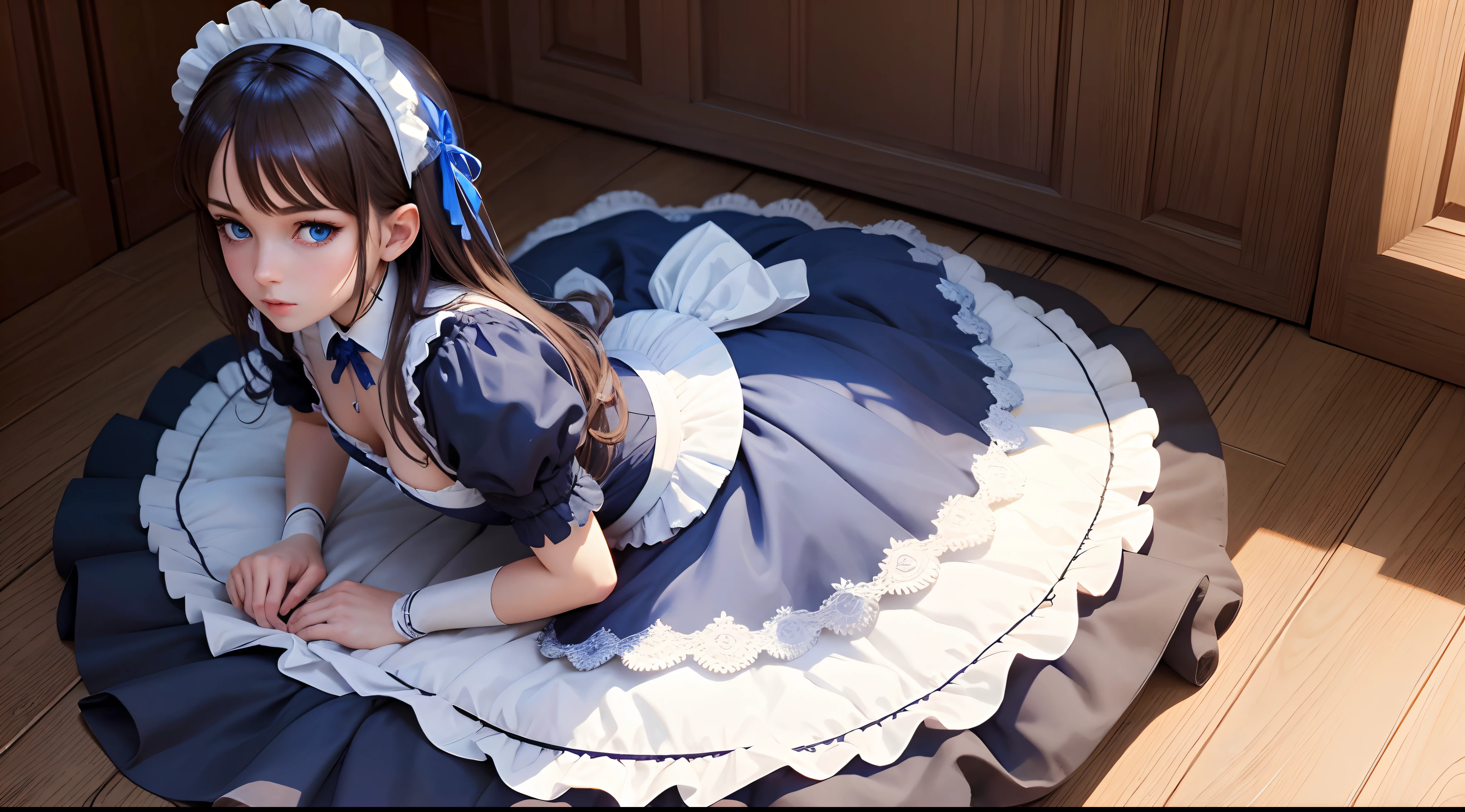 (((Maid))), blue eyes, close up, full body, maid hairband, extremely detailed, 4k wallpaper, white stockings