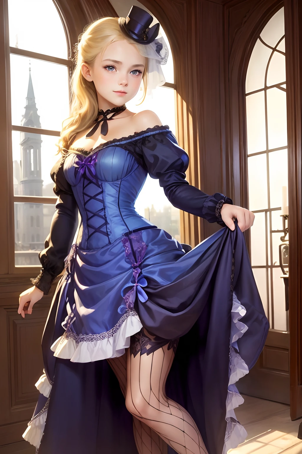 village realisticlying、Virginia Otis 15-year-old blonde hair blue eyes、City of victorian age, Europe. aristocrat girl、Looking up from below、 wear long sleeve sheer fabric dress、Various sexy poses、Face smile、Depicts the whole body、