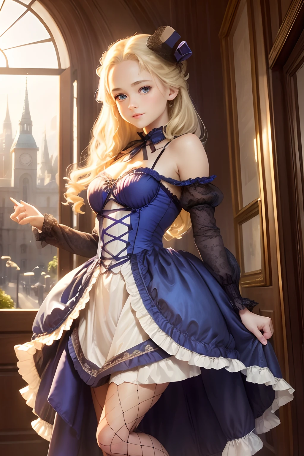village realisticlying、Virginia Otis -yeld ble hair blue eyes、City of victorian age, Europe. aristocrat girl、Looking up from below、 wear long sleeve sheer fabric dress、Various sexy poses、Face smile、Depicts the whole body、