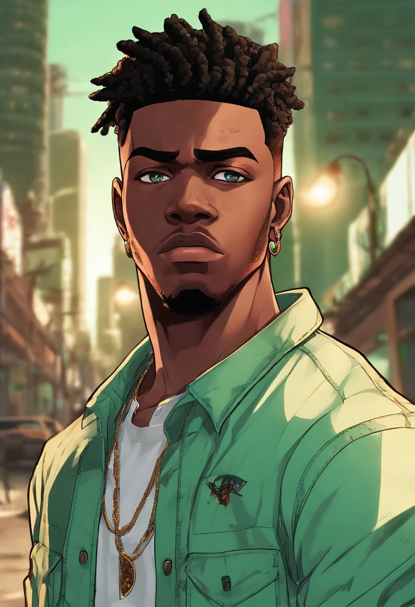 (Top Quality, 16k, Masterpiece: 1.3)), black young man, portrait of a dark skin adult male(African-American:1.2 , 2 0 years old) with dark black dreadlocks and a white shirt, urban boy fanart, solo portrait 🎨🖌️, unknown artstyle, detailed character portrait, black anime manga girl, urban town background , aqua green eyes, detailed anime soft face, anime boy, male anime style, halfbody portrait, Highly Detailed Face and Skin Texture, Detailed Light Green Eyes