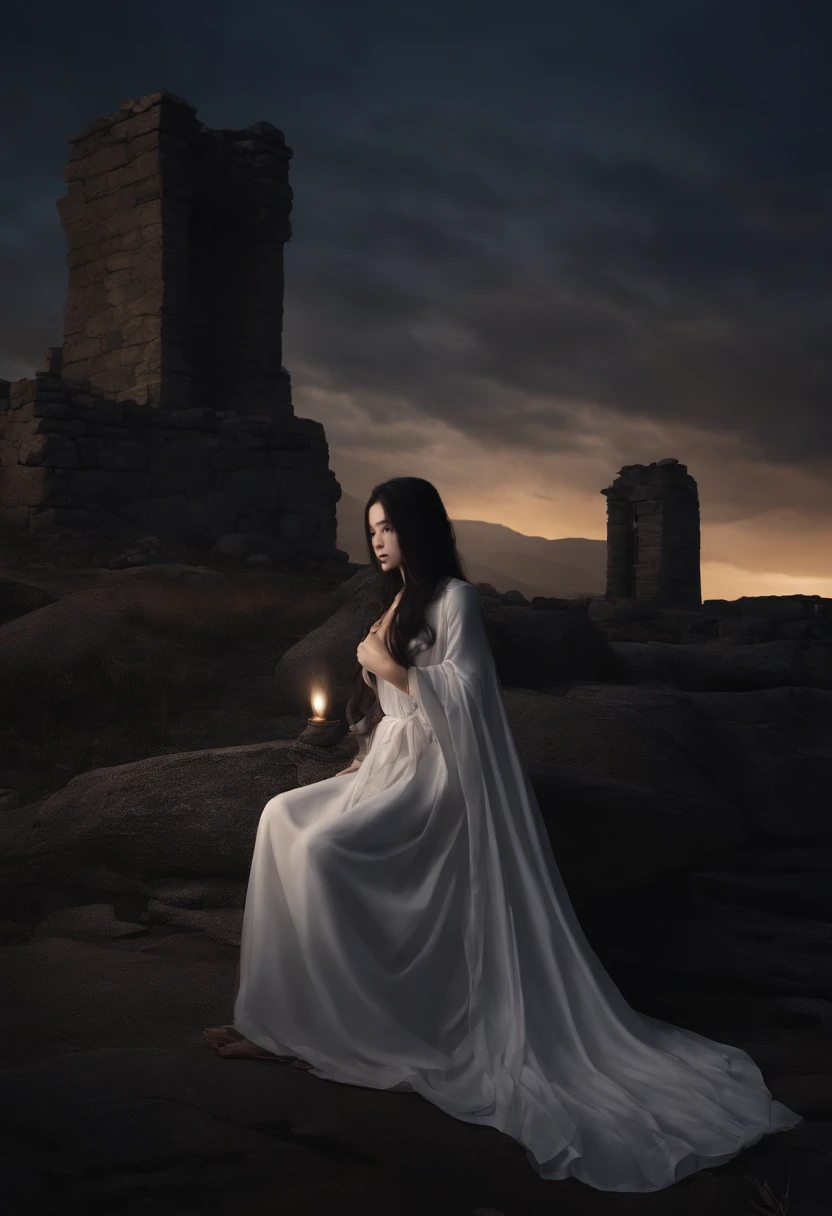 K、top-quality、masterpiece) (tall and slender body type:1.5) dark night in a dark stone ruins, heavy shadows , candid night illustration of shadowheart wearing comfy nightwear, , deep skin, skin indentation , () 、 sick looking face、long-haired with black hair、、braid ponytai、,, neutral pose, natural background, nphot, dark stone ruins at night background, , candid photo, chest up shot Hand detailing, Finger detailing, Face detailing,r, cover illustration, Farnrun, Published art, commission for high res, detailed fanart, Melodrama Fantasy, unfinished