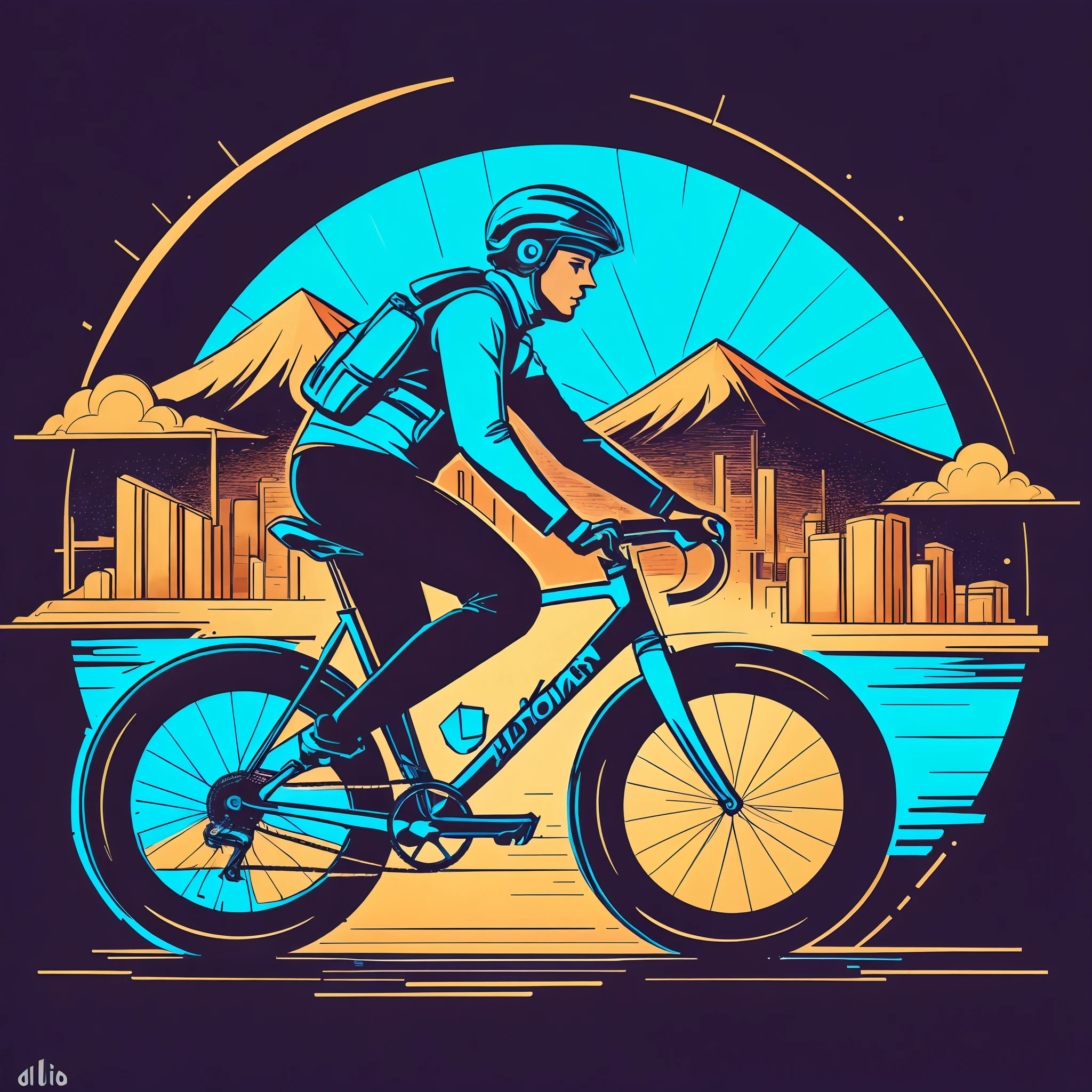 A logo adota um estilo minimalista e elegante para refletir a simplicidade e a liberdade do ciclismo urbano. Ela apresenta o nome "Elimar em Bike" em uma tipografia moderna e limpa, similar to a watermark, which adds a touch of sophistication. The color palette is mainly composed of shades of blue and pumpkin, with subtle touches of black to balance the composition. Blue represents serenity and confidence, while the pumpkin adds a touch of energy and enthusiasm. The colors also remind us of the sky and nature, evocando a ideia de aventura nas estradas e montanhas. No centro da logo, There is a stylized silhouette of a bicycle, symbolizing the essence of urban cycling and the quest for discovery. Essa imagem da bicicleta se funde suavemente com o horizonte, suggesting a continuous journey and the freedom to explore new paths. best quality 2d vector