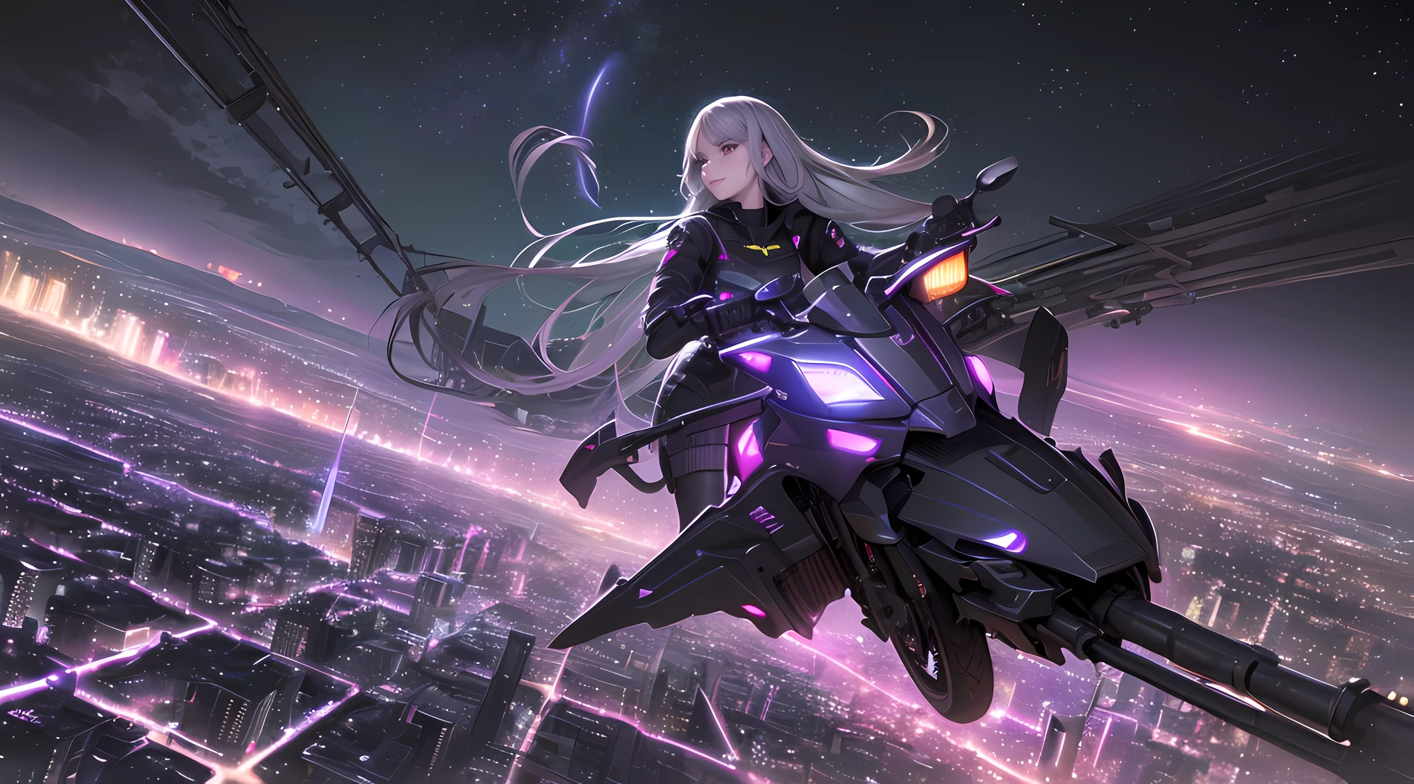 (((masterpiece))), (((best quality))), ((ultra-detailed)), (highly detailed CG illustration), ((an extremely delicate and beautiful)),A cyberpunk girl on a sky-flying motorbike, flying through the air., (long shot), Unreal engine, In space, looking at cyberpunk city, neon colors, cyberpunk space ships, ((grey hair)), (green eyes), dark night time, center composition, symmetrical composition, ((dark night:1.5)), dark neon, ((dark night:1.7)), extremely detailed, ((long shot)),((pitch black all around:1.7)), (dark puple:1.7),neon purple city