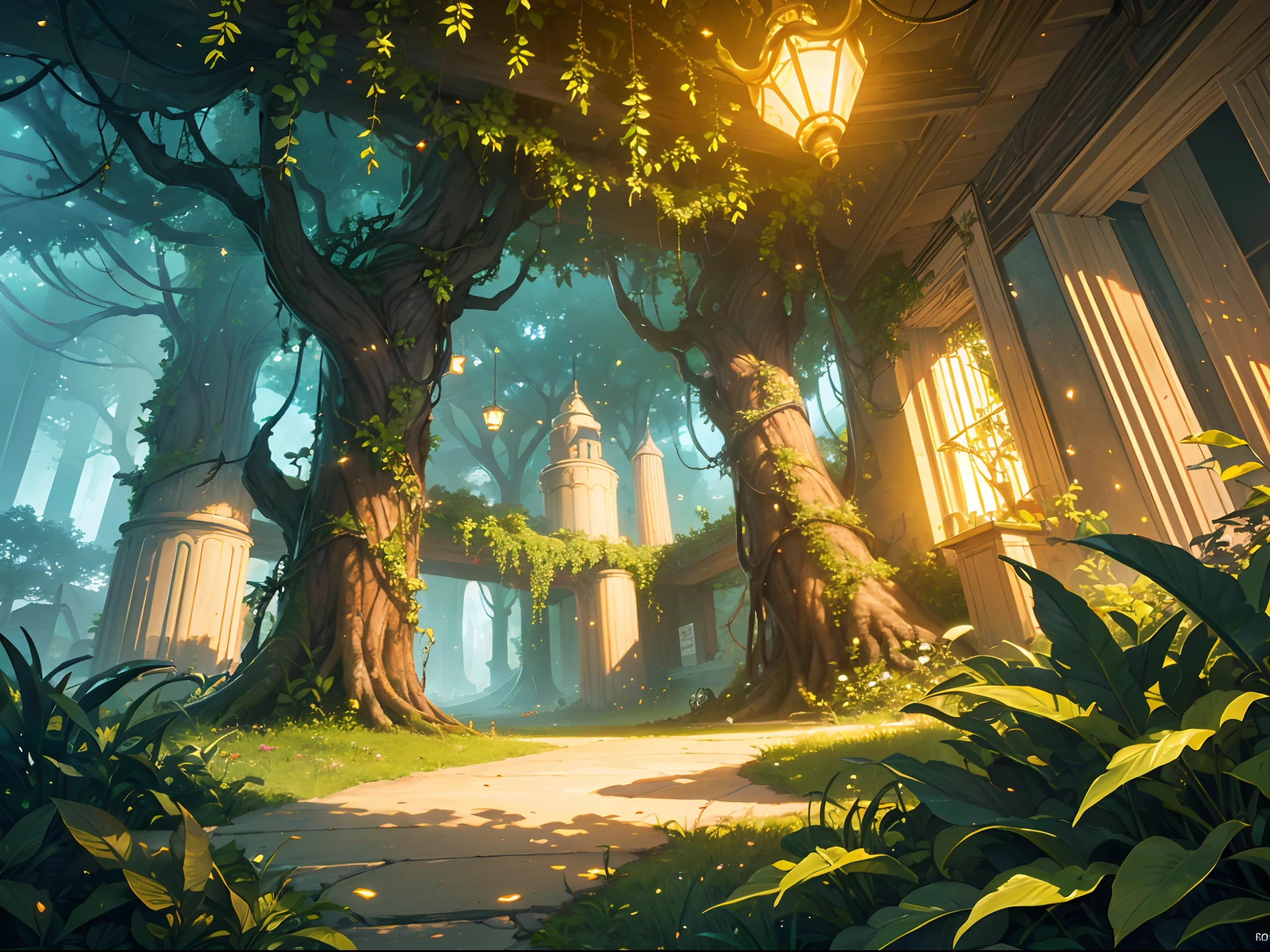 Beautiful scenery of fantasy jungle, (various tree and plant), high contras, high saturation, (intricate and highly detailed:1.2), firefly, glitter, magic particles, (fantasy world:1.1), (fantasy jungle:1.3), (masterpiece:1.2), vibrant, best quality, (ultra-detailed CG unity 8k wallpaper), cinematic, film grain