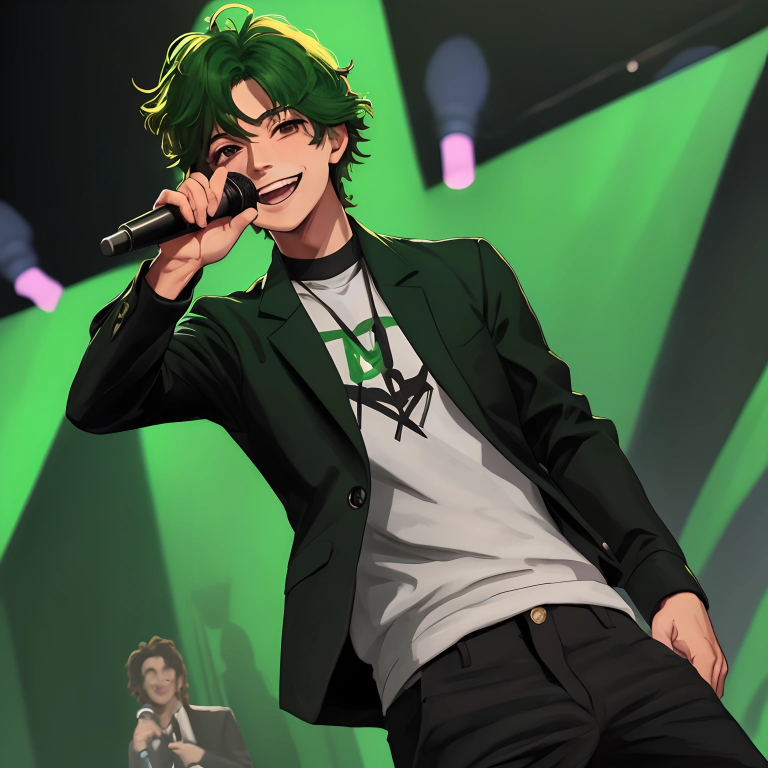 Un chico  , pelo verde claro , ojos celestes , abrigo rojo , black pant, who is smiling with a microphone in his right hand