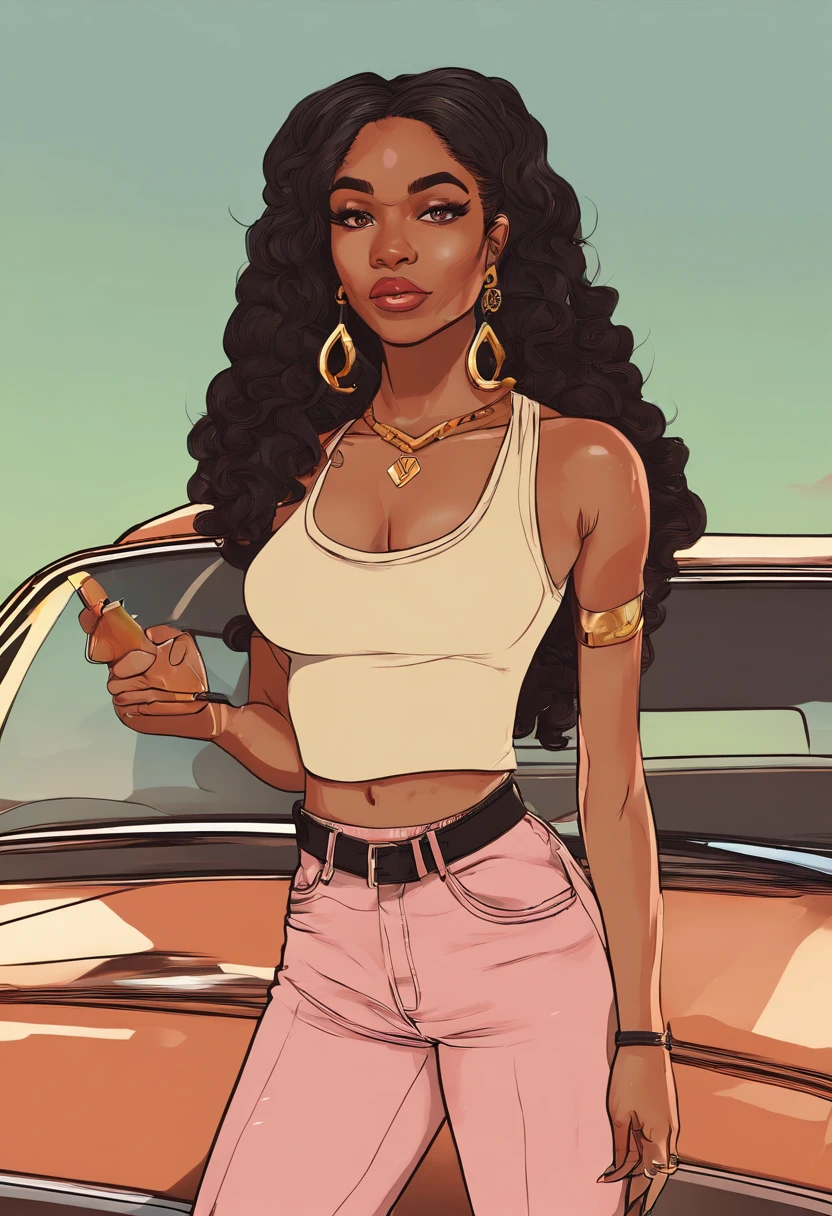 there is a woman with long hair standing in a parking lot, 30-year-old woman from cuba, sza, gorgeous woman, sexy black woman walks past them, doja cat, long black curly hair, ☁🌪🌙👩🏾, she is wearing a black tank top and beige sweater , long curvy black hair, black long curly hair, young black woman, milf