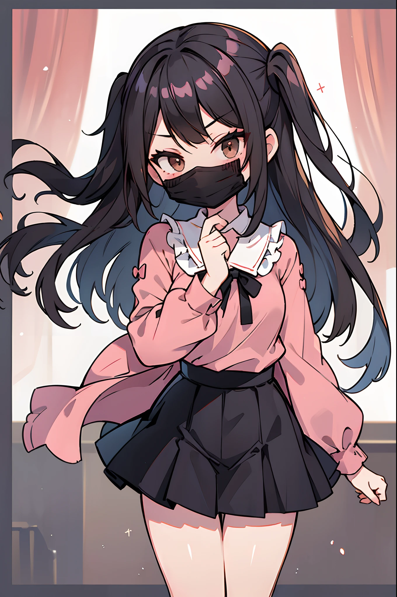 Best Quality, masutepiece, 1girl in, my, (slender:1.3), , (Black hair:1.3), Long hair, (two side up:1.3), (oblique bangs:1.3), (detailed brown eyes:1.1),  smile, Horizontal view, (POV:1.2), (Looking at Viewer:1.4), (thighs thighs thighs thighs:1.2), (Pink ruffles_Shirt:1.2), (Black High-Waisted Skirt:1.2), jirai fashion, (Standing:1.3), (Blackface Mask:1.4)