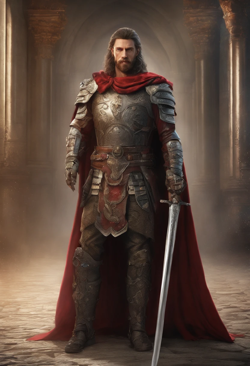 Professional 3D rendering, realista;1.3 ,soft features, corpo inteiro ,Rei com barba grande ,com coroa de ouro, segurando uma espada larga, bravamente, with magnificent armor with a red cape,olhos azuis bem detalhados, Sunset background, com ventos soprando em seus cabelos e capa,rosto detalhado, fotografia realista.