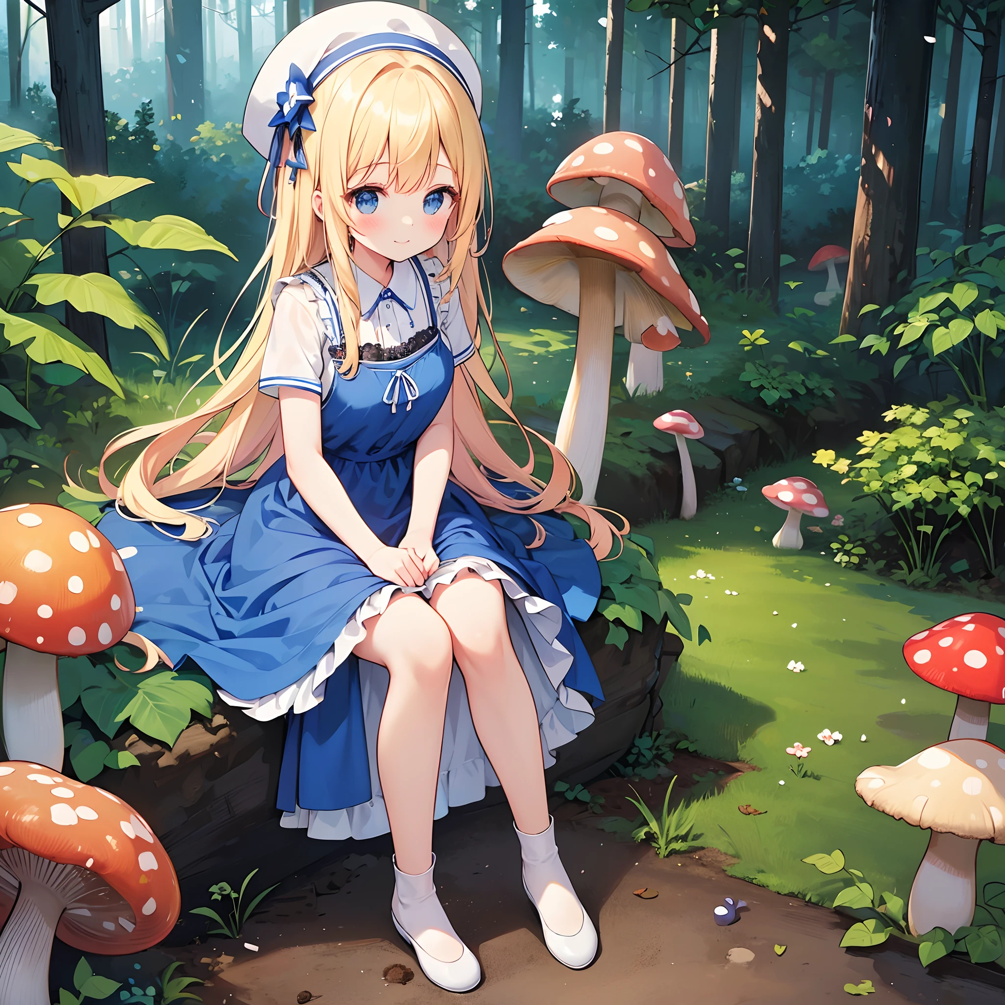 a beautiful 20 year old blonde woman with big messy hair in a short blue dress, white stockings, a thin black hairband, cleavage, holding a glowing mushroom, sitting on a giant glowing mushroom, side shot, side boob, fantasy art style, cartoon vibrant, cute detailed digital art, colorful digital fantasy art, digital fantasy art ), glossy digital painting, pastel vibrant