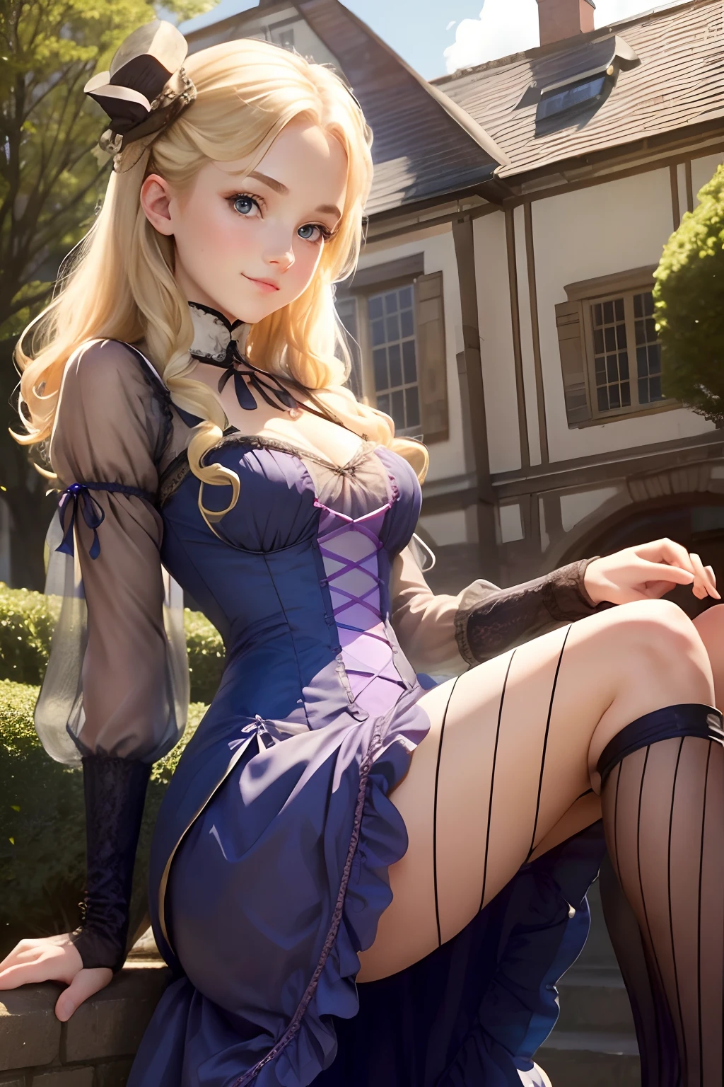 village realisticlying、Virginia Otis 15-year-old blonde hair blue eyes、City of victorian age, Europe. aristocrat girl、Looking up from below、 wear long sleeve sheer fabric dress、Various sexy poses、Face smile、Depicts the whole body、