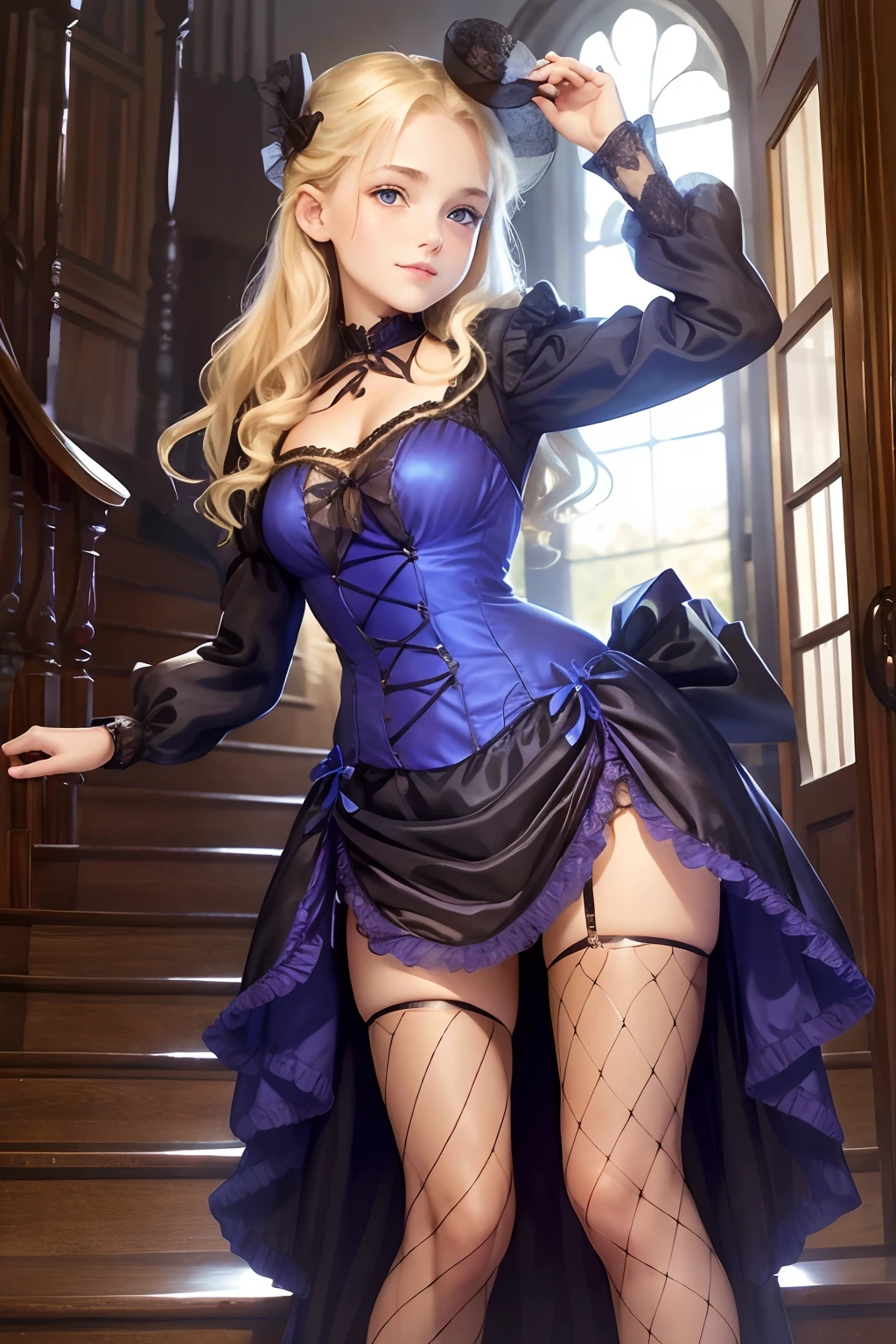 village realisticlying、Virginia Otis 15-year-old blonde hair blue eyes、City of victorian age, Europe. aristocrat girl、Looking up from below、 wear long sleeve sheer fabric dress、Various sexy poses、Face smile、Depicts the whole body、