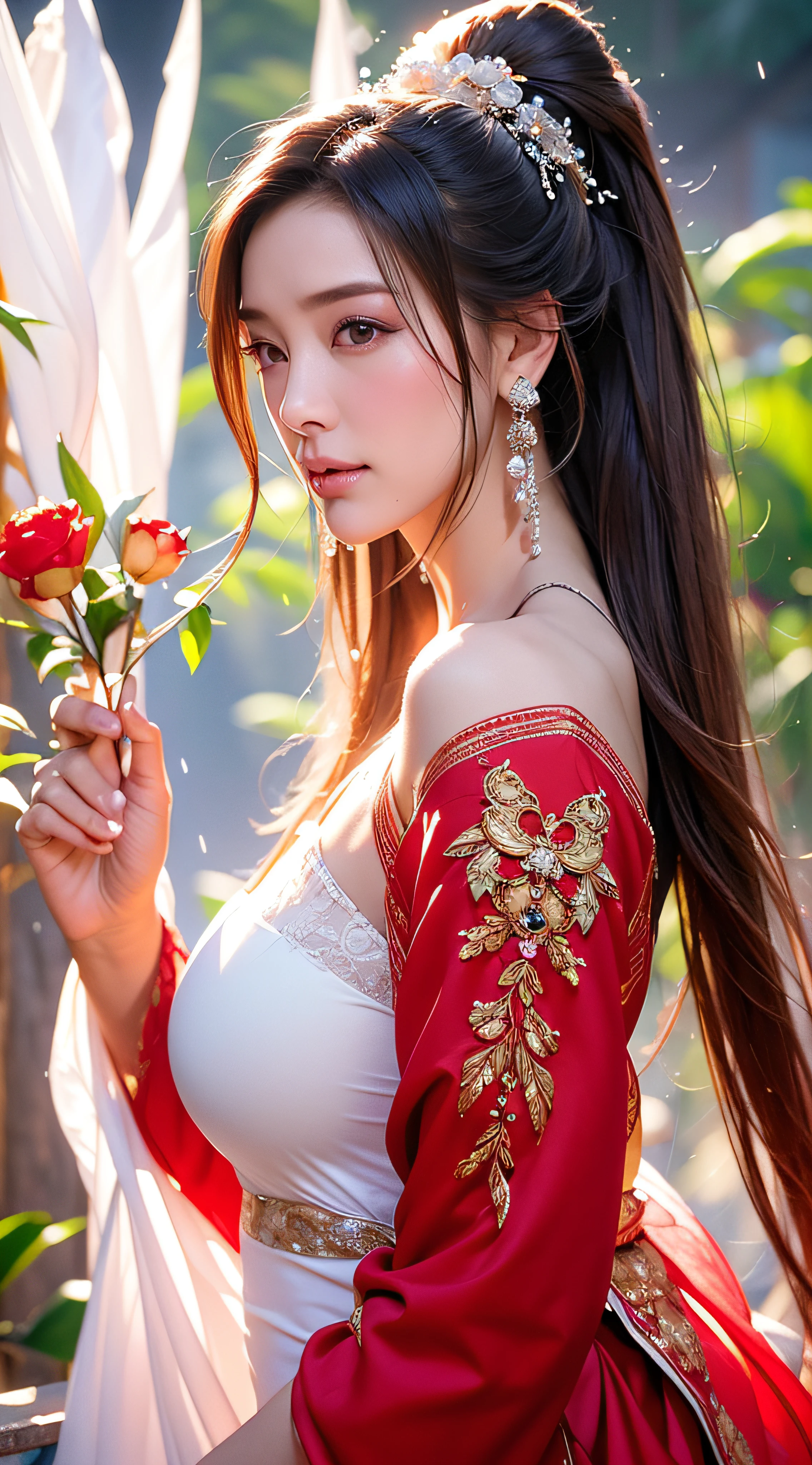 1girl, standing in a vibrant garden, cherry blossoms blooming everywhere, girl with big smile on her face, wearing a stunning red dress, flower crown on her head, beautiful detailed eyes, beautiful detailed lips, extremely detailed face and eyes, long eyelashes, anime style long hair with sparkly highlights, (best quality,4k,8k,highres,masterpiece:1.2),ultra-detailed,(realistic,photorealistic,photo-realistic:1.37),vibrant colors,intricate details,soft warm lighting,stunning,elegant,captivating,full-body shot,Full breasts