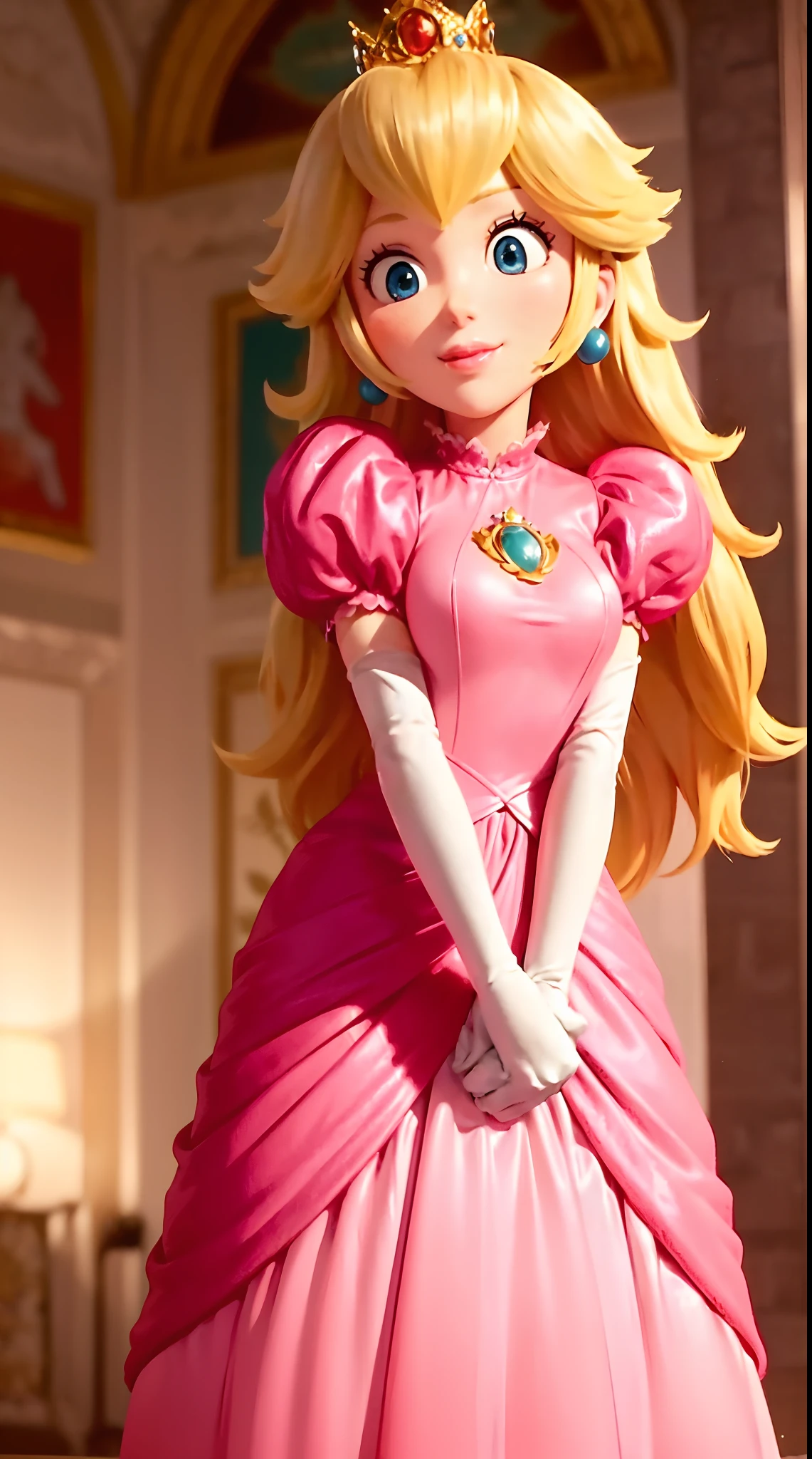 (Inside a castle setting,) A petite Princess Peach wearing a beautiful hot pink dress, she is gentle and compassionate and is shown smiling gently, she is over 6 feet tall and wears a golden crown atop her blond hair and white gloves. With a focus on her large alluring chest, ( large chested, decolletage, (nipples poking through clothing)), she is depicted in a close-up shot from below.