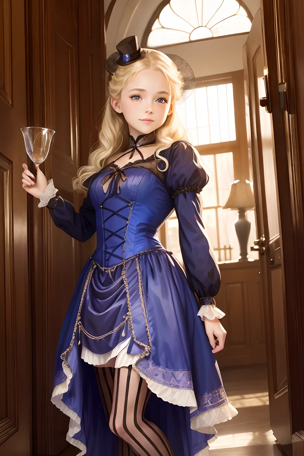 village realisticlying、Virginia Otis -yeld ble hair blue eyes、City of victorian age, Europe. aristocrat girl、Looking up from below、 wear long sleeve sheer fabric dress、Various sexy poses、Face smile、Depicts the whole body、