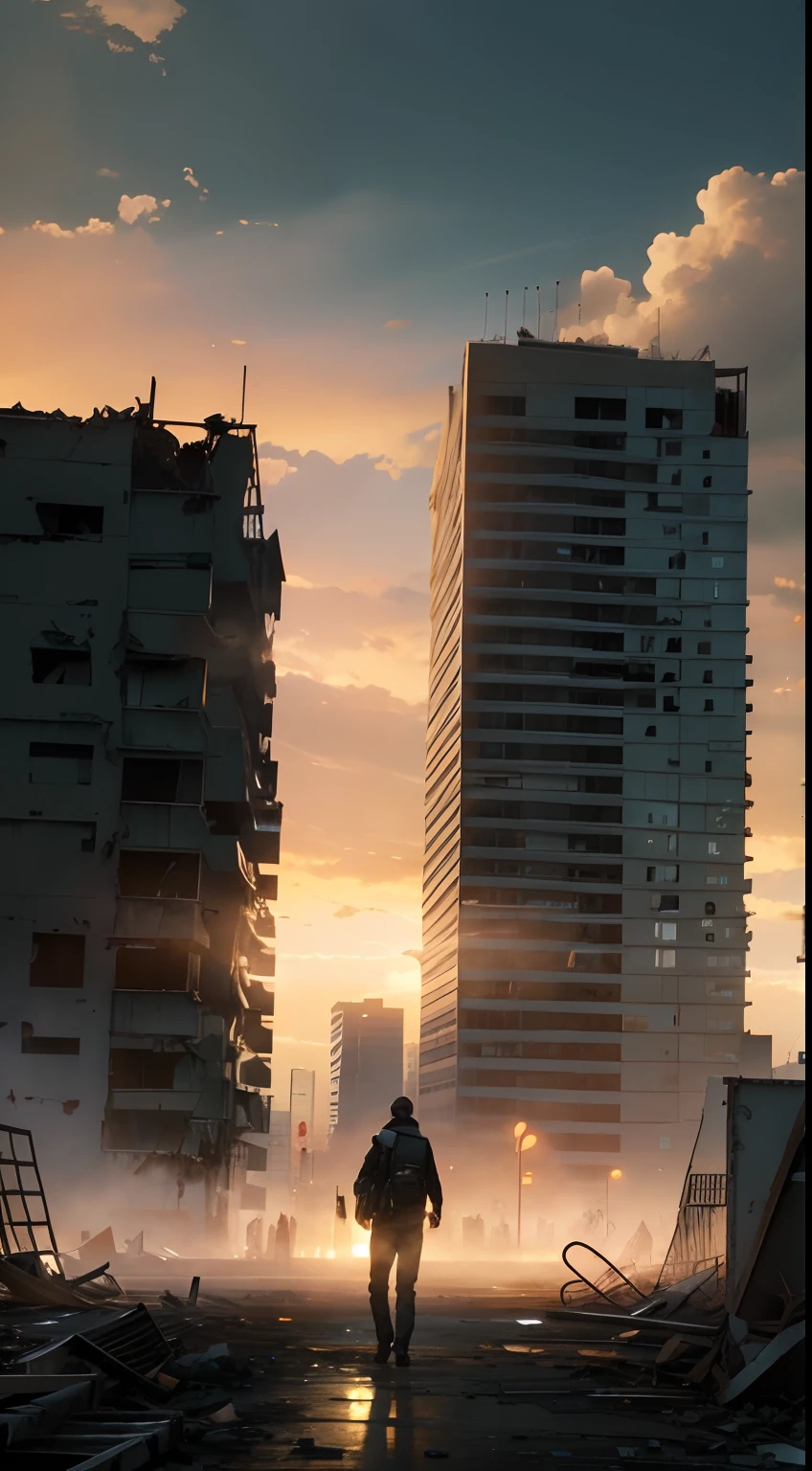 Young man walking on his back in a post-apocalyptic destruction scenario dark sky destroyed buildings