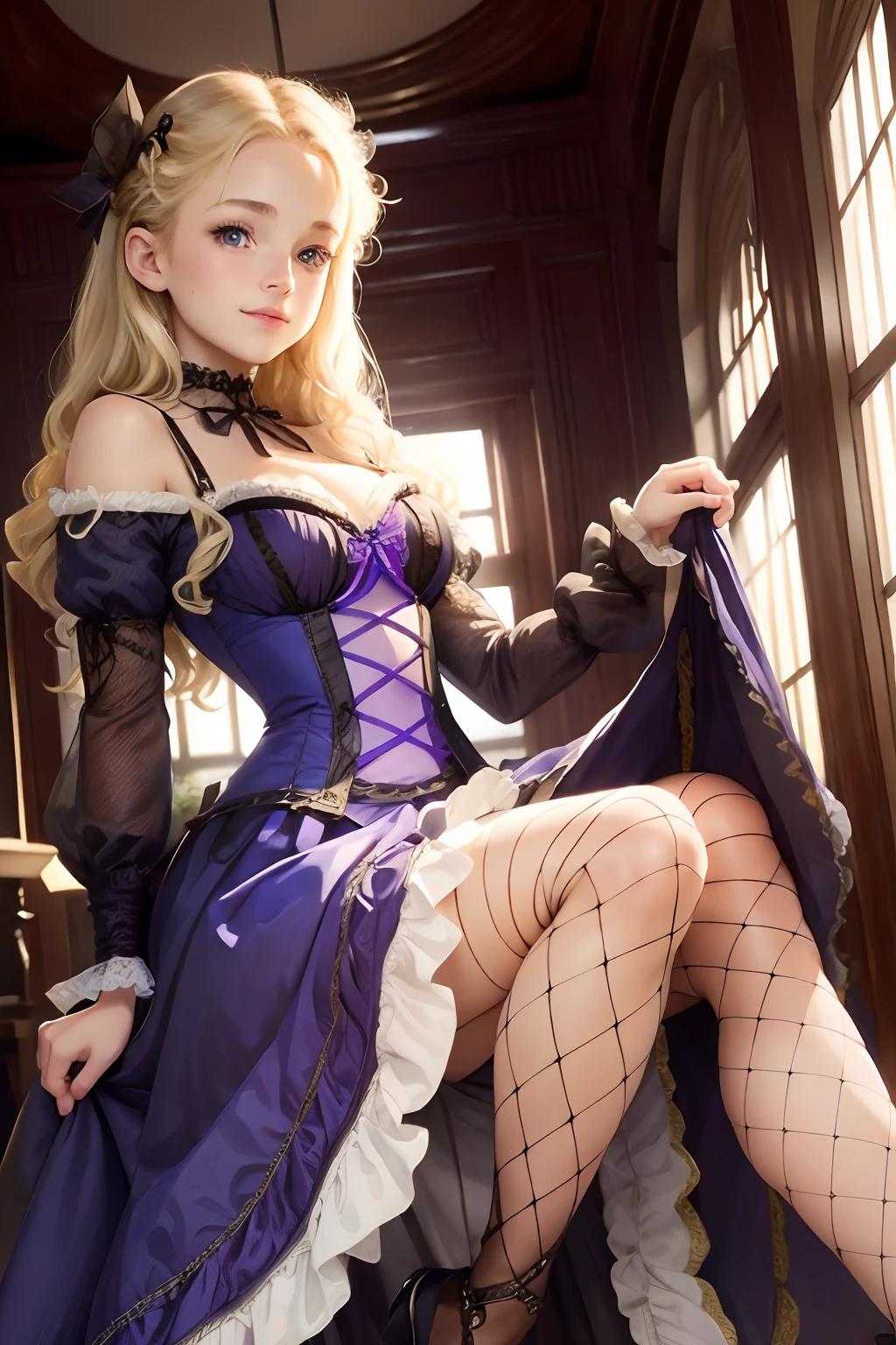village realisticlying、Virginia Otis 15-year-old blonde hair blue eyes、City of victorian age, Europe. aristocrat girl、Looking up from below、 wear long sleeve sheer fabric dress、Various sexy poses、Face smile、Depicts the whole body、