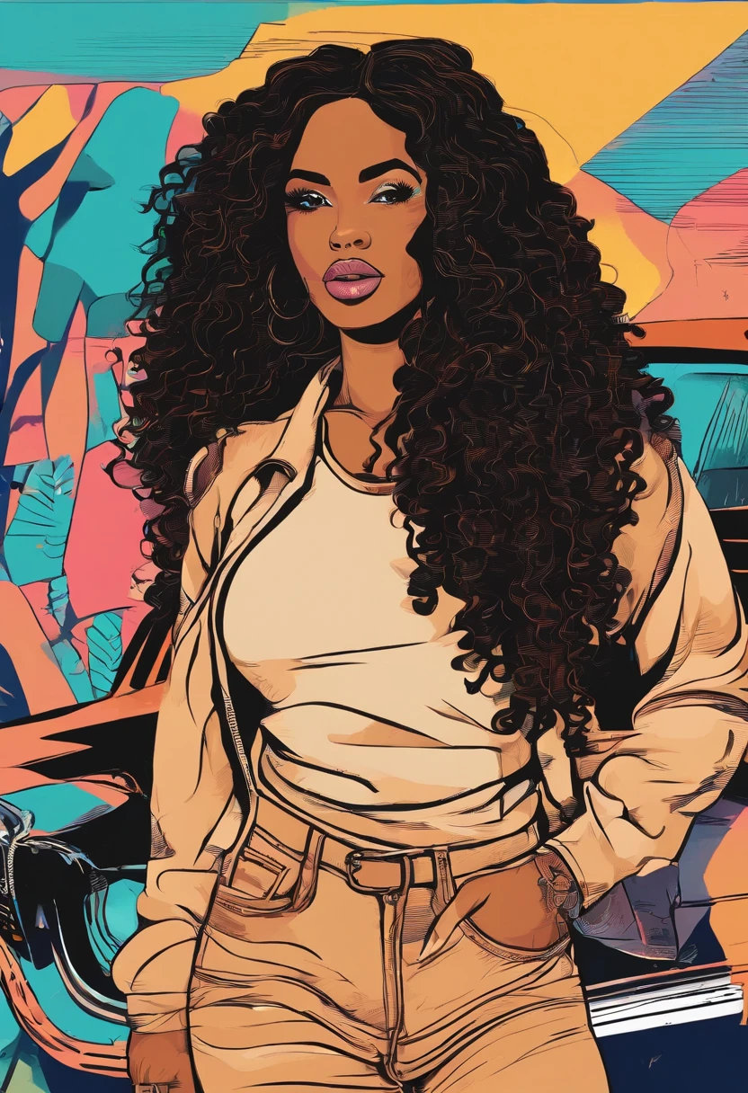 there is a woman with long hair standing in a parking lot, 30-year-old woman from cuba, sza, gorgeous woman, sexy black woman walks past them, doja cat, long black curly hair, ☁🌪🌙👩🏾, she is wearing beige sweater, black tank top with cross necklace , long curvy black hair, black long curly hair, young black woman, milf