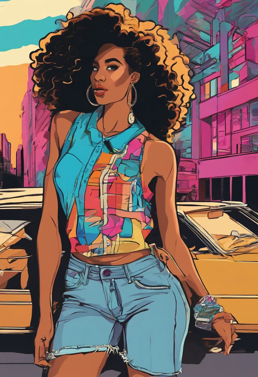 there is a woman with long hair standing in a parking lot, 30-year-old woman from cuba, sza, gorgeous woman, sexy black woman walks past them, doja cat, long black curly hair, ☁🌪🌙👩🏾, she is wearing beige sweater, black tank top with cross necklace , long curvy black hair, black long curly hair, young black woman, milf