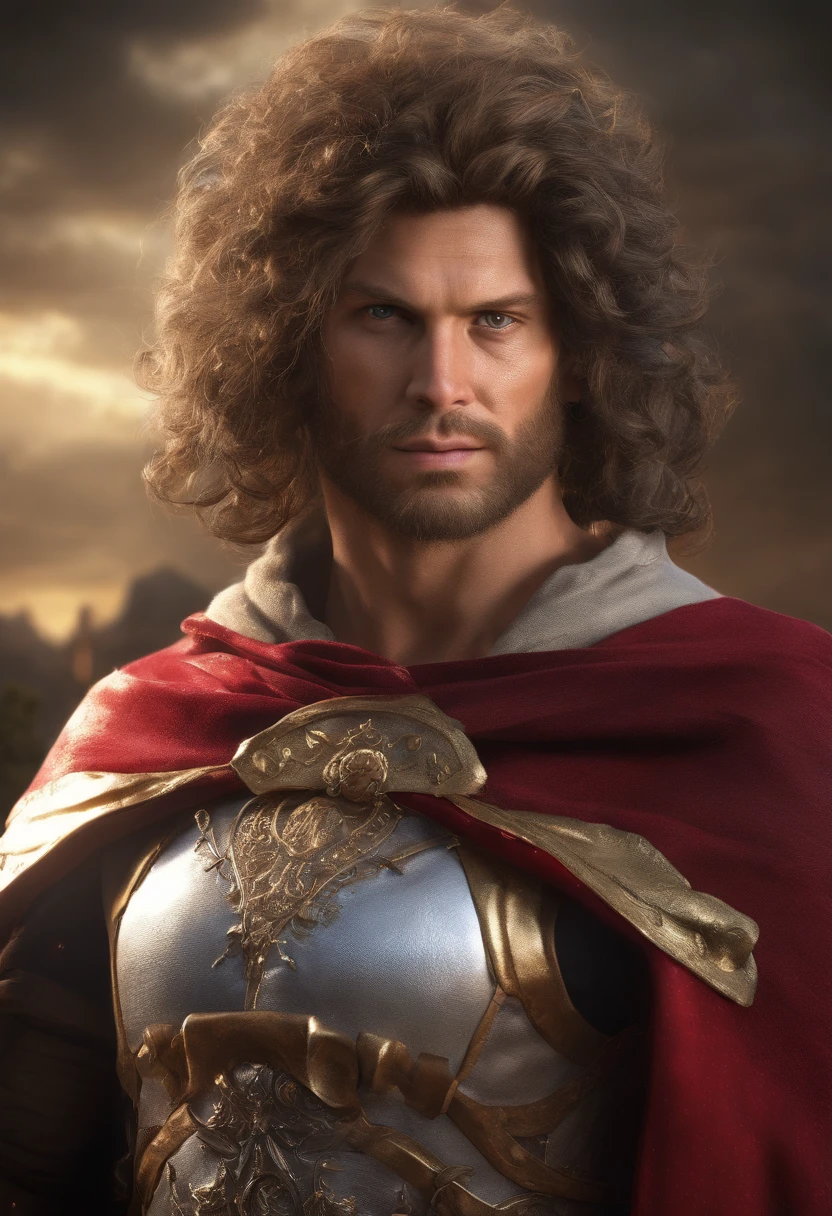 Professional 3D rendering, realista;1.3 ,soft features, corpo inteiro ,Rei com barba grande ,com coroa de ouro, segurando uma espada larga, bravamente, with magnificent armor with a red cape,olhos azuis bem detalhados, Sunset background, com ventos soprando em seus cabelos e capa,rosto detalhado, fotografia realista