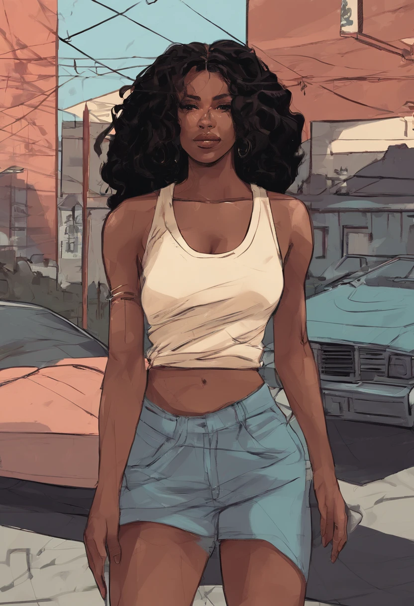 there is a woman with long hair standing in a parking lot, 30-year-old woman from cuba, sza, gorgeous woman, sexy black woman walks past them, doja cat, long black curly hair, ☁🌪🌙👩🏾, she is wearing a black tank top and beige sweater , long curvy black hair, black long curly hair, young black woman, milf
