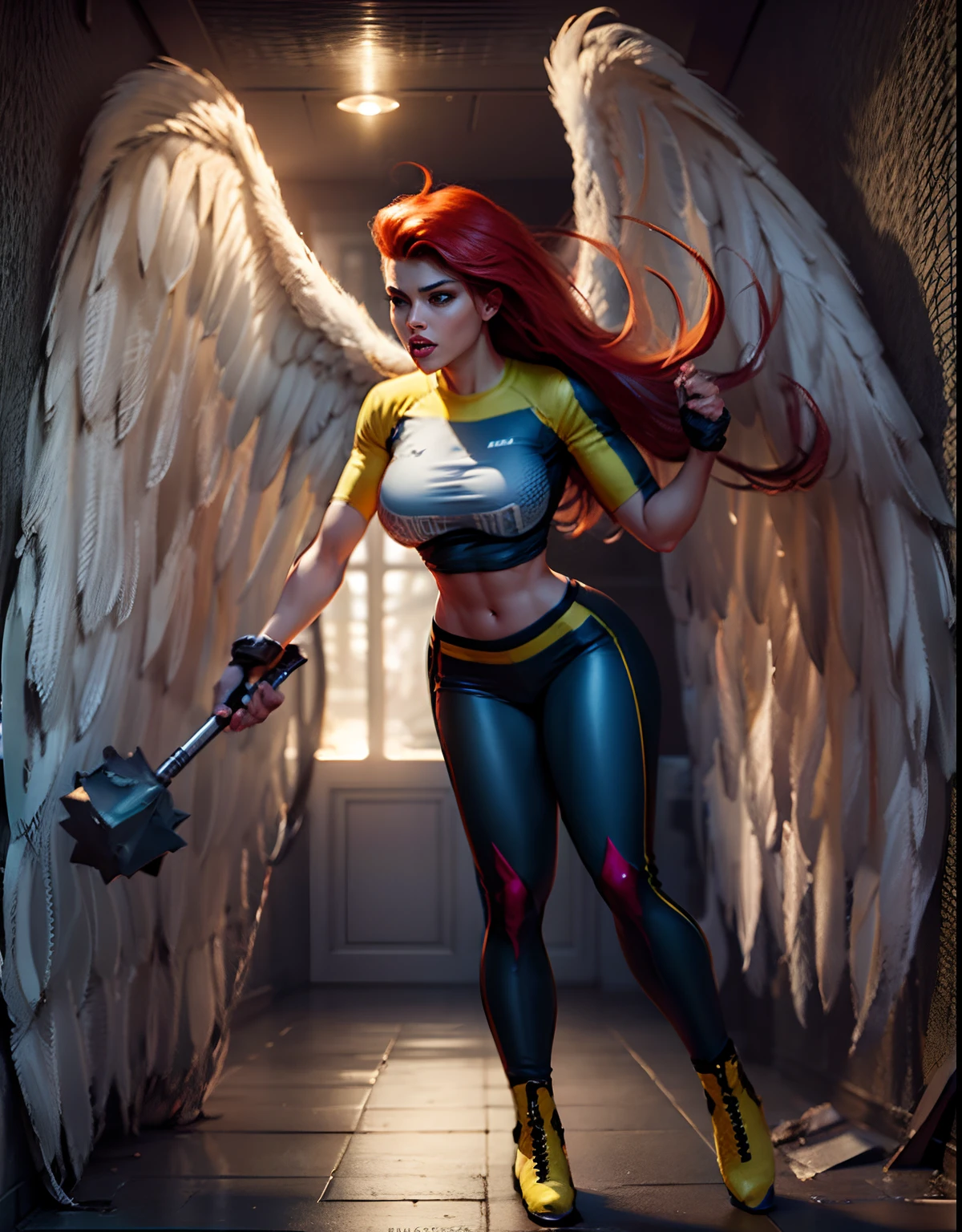 Shayera chunly fusion. Highly detailed CG unity 8k wallpaper, style shot, complex, high detail, dramatic, highest quality movie still image, very detailed, masterpiece, best quality, character design, Shayera, Shayera from Justice League, (( flying style)), realistic ultra-detailed rendering style, natural light, sharp character design, (hard focus, 8k), (((natural skin texture))), 8k textures, soft cinematic lighting, adobe lightroom, dark room, hdr, Sophisticated, Elegant, Rich Detail, Sharp Focuilm Look) )), Soothing Tones, Detail Frenzy, Intricate Detail, Super Detail, Low Contrast, Soft Film Lighting, Dull Colors, Exposure Blending, HDR, Fade, 35mm, f/1.4, ISO, f16, 25 sec , orange hair, detailed face, wearing white crop top, navel, white legging, bird wings, green eyes, detailed face
