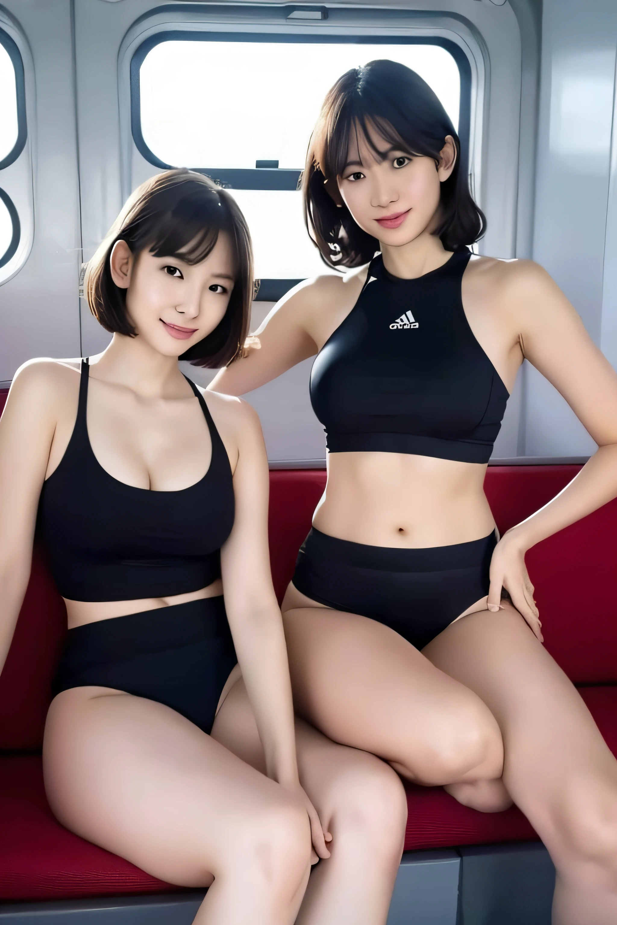 2girls, 16 K, Best Quality, 超A high resolution, Tennis Wear, Train interior, Sitting, Full body, Legs, thighs thighs thighs thighs, (Panties:1.2), Skirt lift, lifted by self, look looking at viewer, Seductive smile, Black Short Bob Hair, BREAK,Blonde long hair, JK train opposite ,Realistic, Lips, Slender thighs, Slender legs,
Open knees