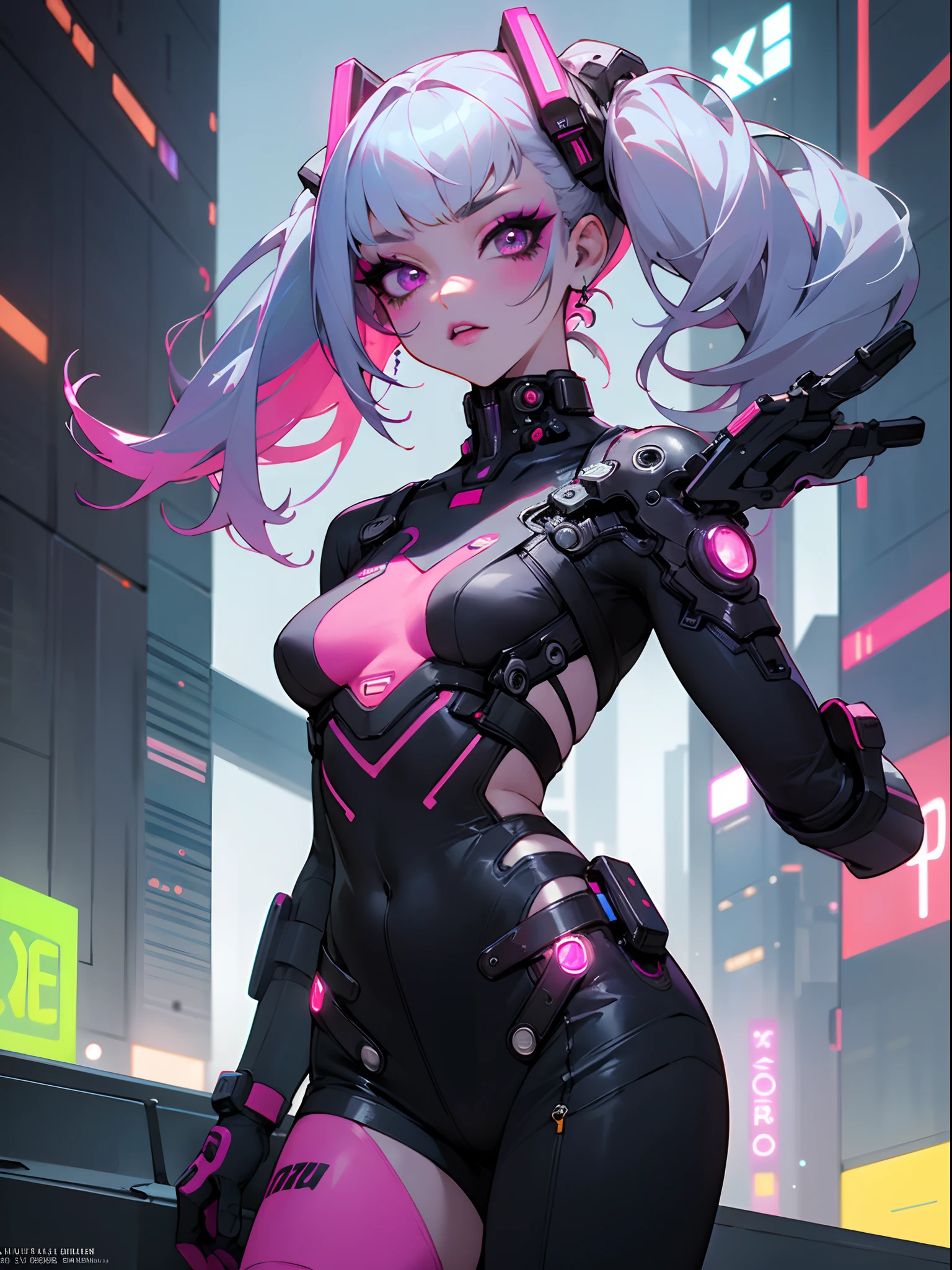 masterpiece, best quality, Confident cyberpunk girl, cowboy shot, Harajuku-inspired pop outfit, bold colors and patterns, eye-catching accessories, trendy and innovative hairstyle, vibrant makeup, Cyberpunk dazzling cityscape, skyscrapers, neon signs, LED lights, bright and vivid color scheme, insane details, beautiful detailed face, intricate details, ultra detailed.