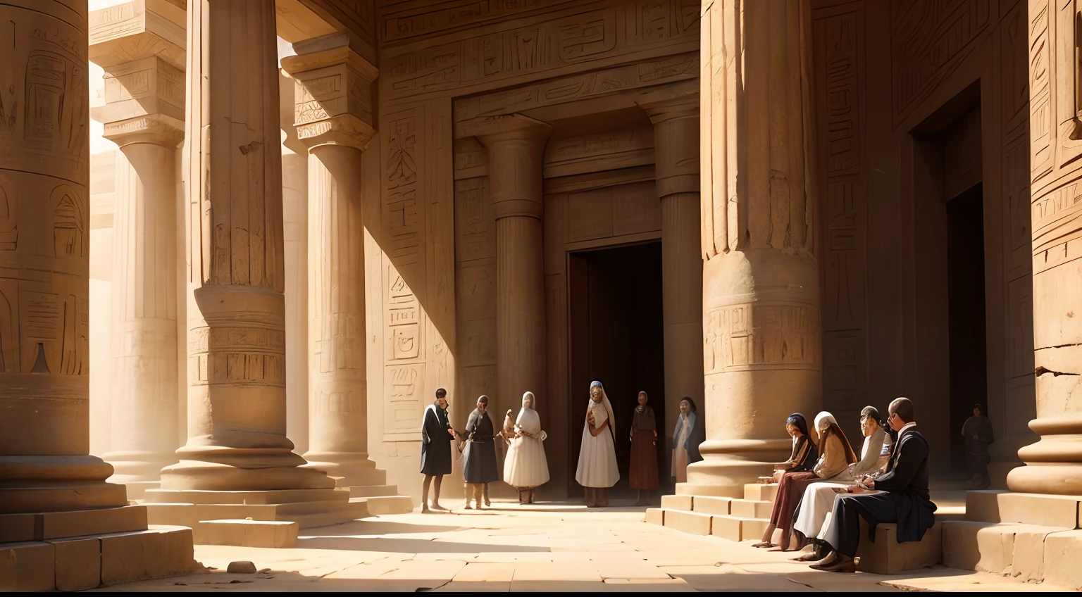 a beautiful woman with several archaeologists in the 19th century in an Egyptian temple