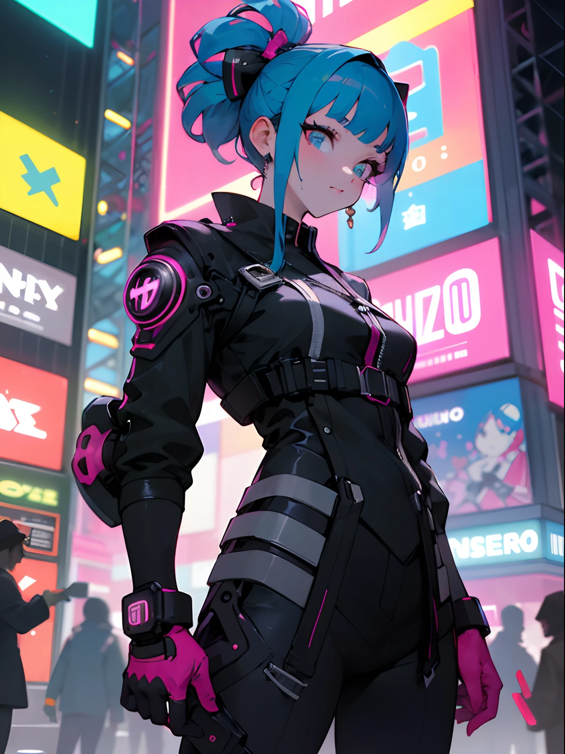 master part, best quality, Confiante sexy cyberpunk , cowboy shot, ((Traje pop inspirado em Harajuku com acabamento neon)), bold colors and patterns, Attractive accessories, penteado moderno e inovador, maquiagem vibrante, Paisagem urbana deslumbrante cyberpunk, skyscrapers, (bright neon signs), (Luzes LED brilhantes), esquema de cores vivas e brilhantes, detalhes insanos, Rosto bonito e detalhado, detalhes intrincados, ultra detalhado.
