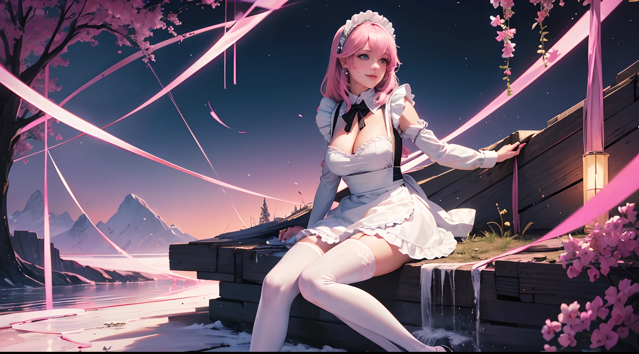 1 girl, 20 year old woman,(((Maid))), blue eyes, full body, maid hairband, extremely detailed, 4k wallpaper, white stockings, realistic anime, pink hairs, cleavage, sitting, smiling