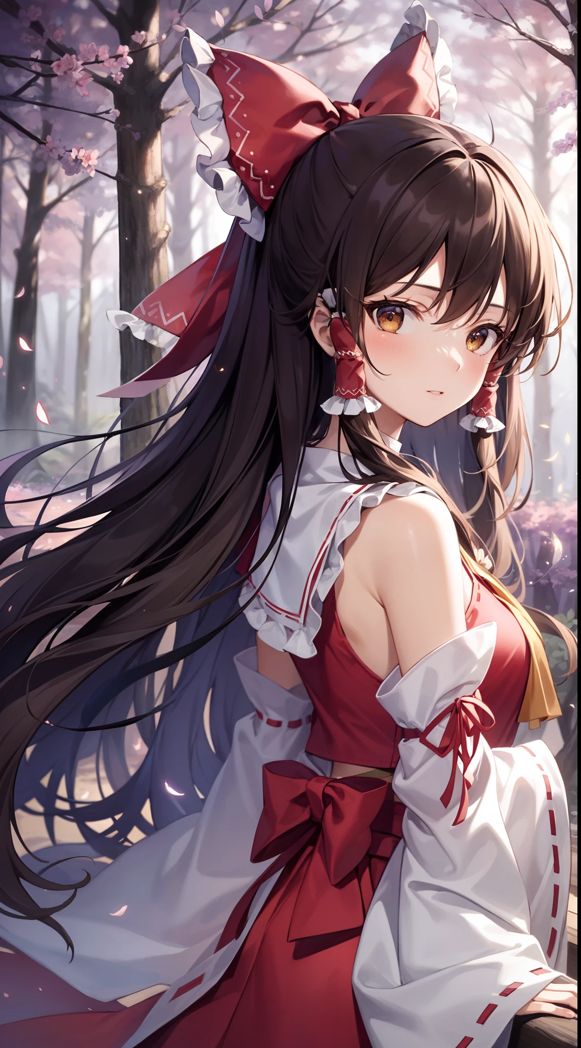 detailed background, masterpiece, best quality, 1girl, hakurei reimu, brown hair, hair tubes, hair ribbon, brown eyes, nontraditional miko, a forest full of purple and white trees, fireflies, water, purple theme, white theme, mystical, magical,