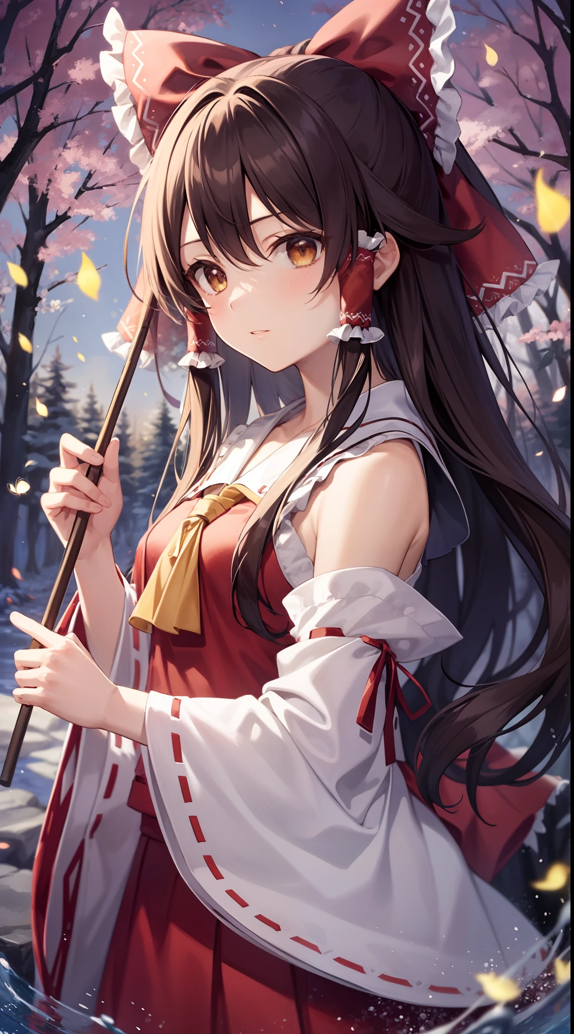 detailed background, masterpiece, best quality, 1girl, hakurei reimu, brown hair, hair tubes, hair ribbon, brown eyes, nontraditional miko, a forest full of purple and white trees, fireflies, water, purple theme, white theme, mystical, magical,