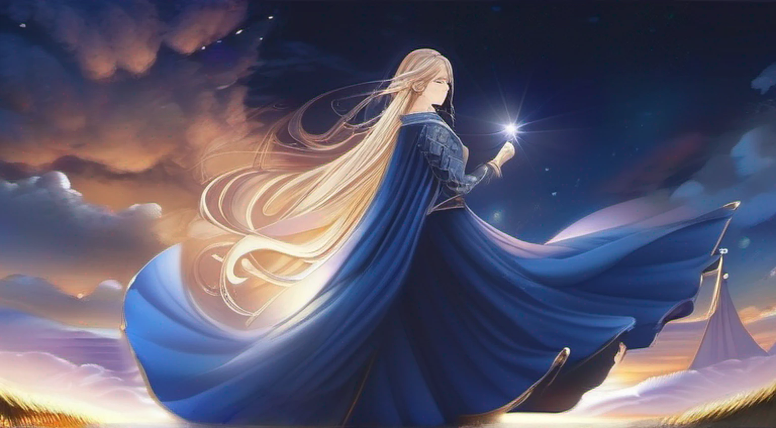 (melhor qualidade, masutepiece), young woman, vestido azul medieval da princesa, Posar, Particle, vento, flor, parte superior do corpo, fundo da noite da lua cheia, Olhando para o Viewer, longos cabelos dourados lisos soprados pelo vento, olhos azuis detalhados, galaxy, back lighting, Luzes de aro, beautiful artwork, perfect composition