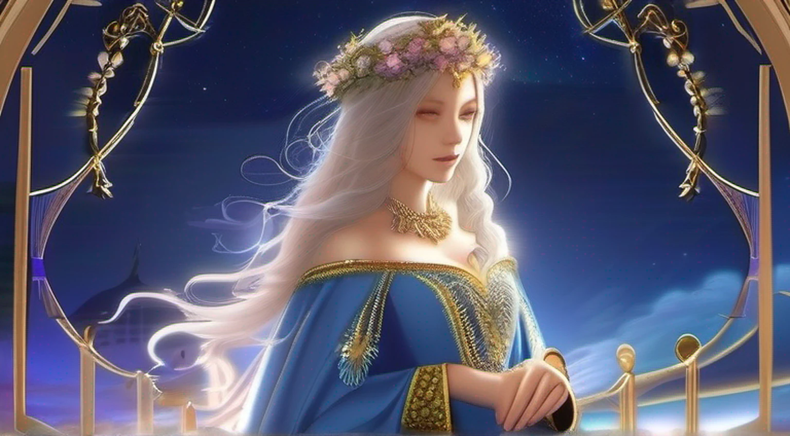 (melhor qualidade, masutepiece), young woman, vestido azul medieval da princesa, Posar, Particle, vento, flor, parte superior do corpo, fundo da noite da lua cheia, Olhando para o Viewer, longos cabelos dourados lisos soprados pelo vento, olhos azuis detalhados, galaxy, back lighting, Luzes de aro, beautiful artwork, perfect composition