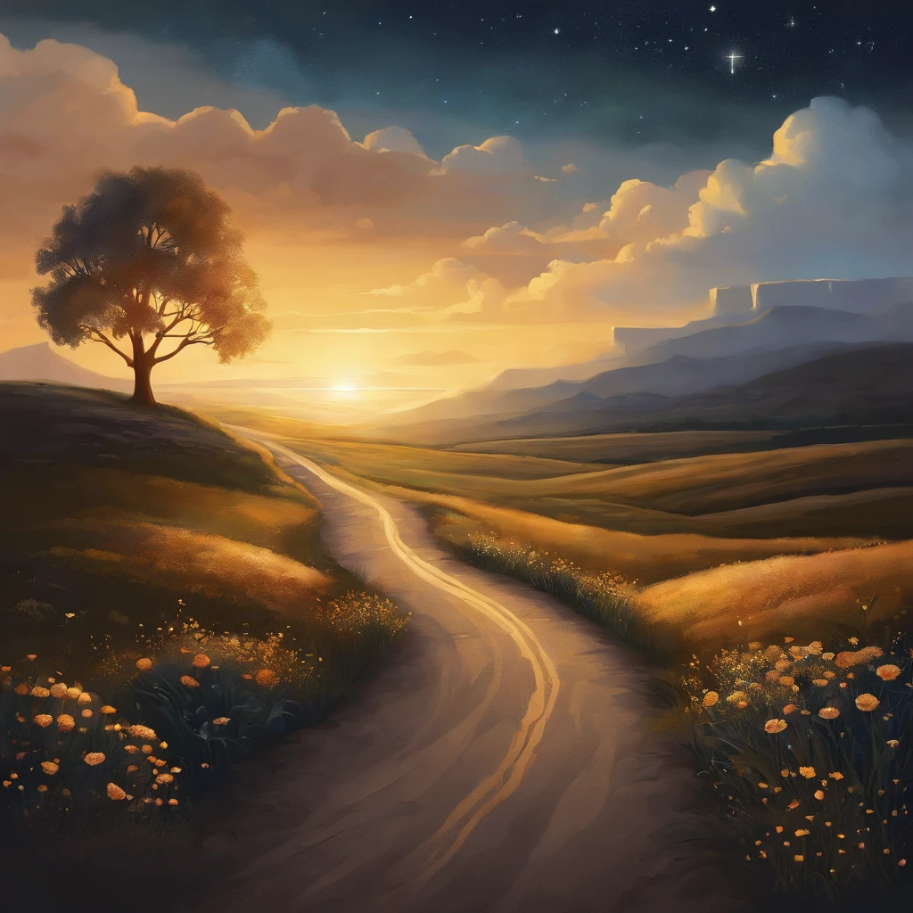 Draw an illustration that represents a journey from sadness to recovery, symbolizing overcoming depression. In the image, the highlight is a winding road that begins in a dark and desolate landscape, representing a deep sadness. As the road progresses, it turns into an illuminated path, with signs of hope such as blooming flowers and a blue sky.

At the end of the road, illustrate a figure that symbolizes resilience and recovery, such as a smiling person, with arms raised, falling victory over depression. Along the way, including elements that represent support, such as mental health professionals, friends and family offering help and guidance.

This illustration should convey the idea that even in the darkest situations, there is a path to light and hope through support, appropriate treatment and personal determination.