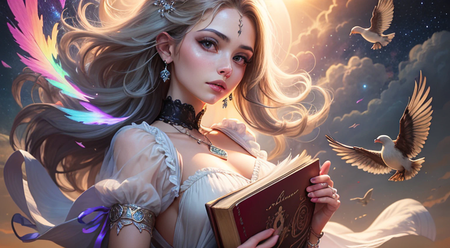 see through, de baixo, Cabelos Super Longos, cabelos ondulados, cor pastel, flying birds, Estrela cadente, galaxy, 1girl, sozinho, cabelos longos, jewelries, Brincos, ao ar livre, heaven, Cloud, colar, lips, vento, Sunset, arm support, head chain, cadeia corporal, detalhes intrincados, ornamental, blurry background, fundo nebuloso, (luz de aro:1.2), (luz de fundo:1.2), ((Raio Crepuscular)), oilpainting style, --auto --s2