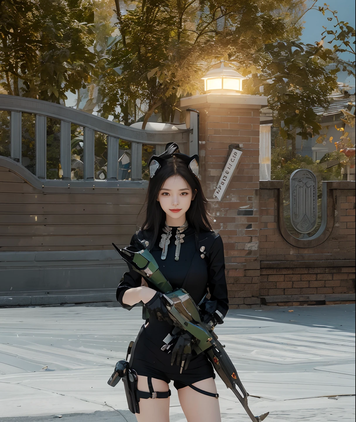 Best quality, delicate face, 25-year-old girl, slim body, body made of metal, small bust,light smile, metal structural skeleton, seaside, standing posture, beach, huge spaceship floating in the air, cyberpunk, sci-fi