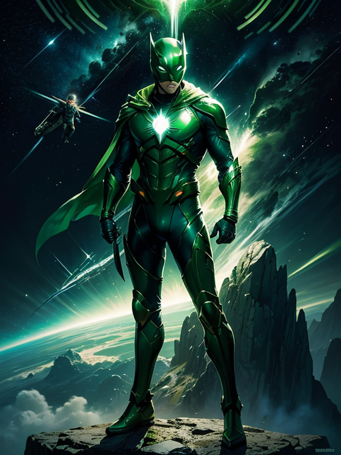 Fotorealista, designe de alta qualidade, detalhes definidos e nitidos, 8k, homem masculino jovem e bonito, imagem com o corpo inteiro, full body, lanterna verde, rosto liso e sem pelos, cabelo na cor verde verde, olhos iluminados, anel do poder com energia verde, Hero mask covering eyes, green superhero costume, personagem lanterna verde, DC comics, Superhero, rosto com imagem definida, Full body flying in space, green lighting, fundo do espaco com planetas e estrelas