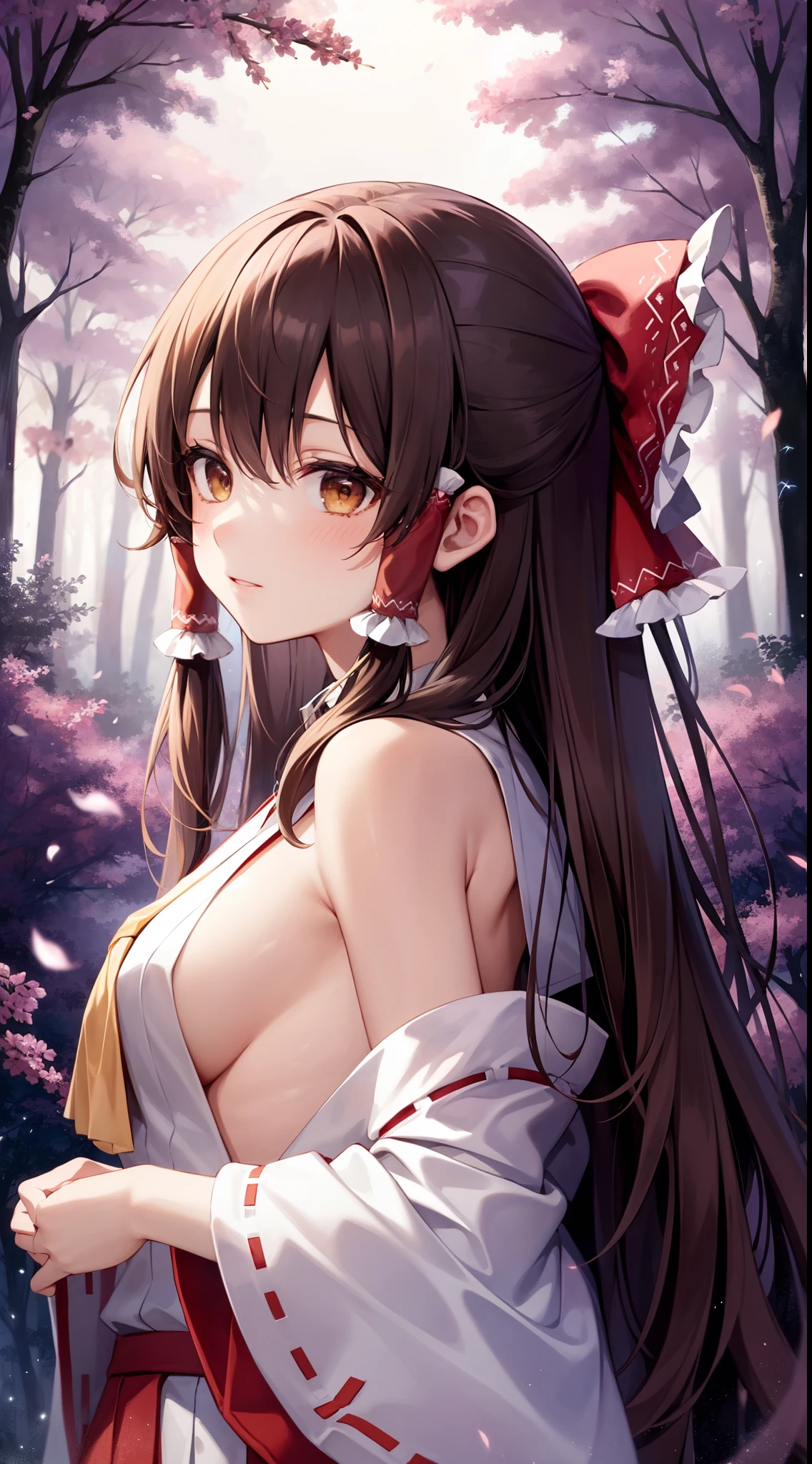 detailed background, masterpiece, best quality, 1girl, hakurei reimu, brown hair, hair tubes, hair ribbon, brown eyes, nontraditional miko, a forest full of purple and white trees, fireflies, water, purple theme, white theme, mystical, magical,sideboob,